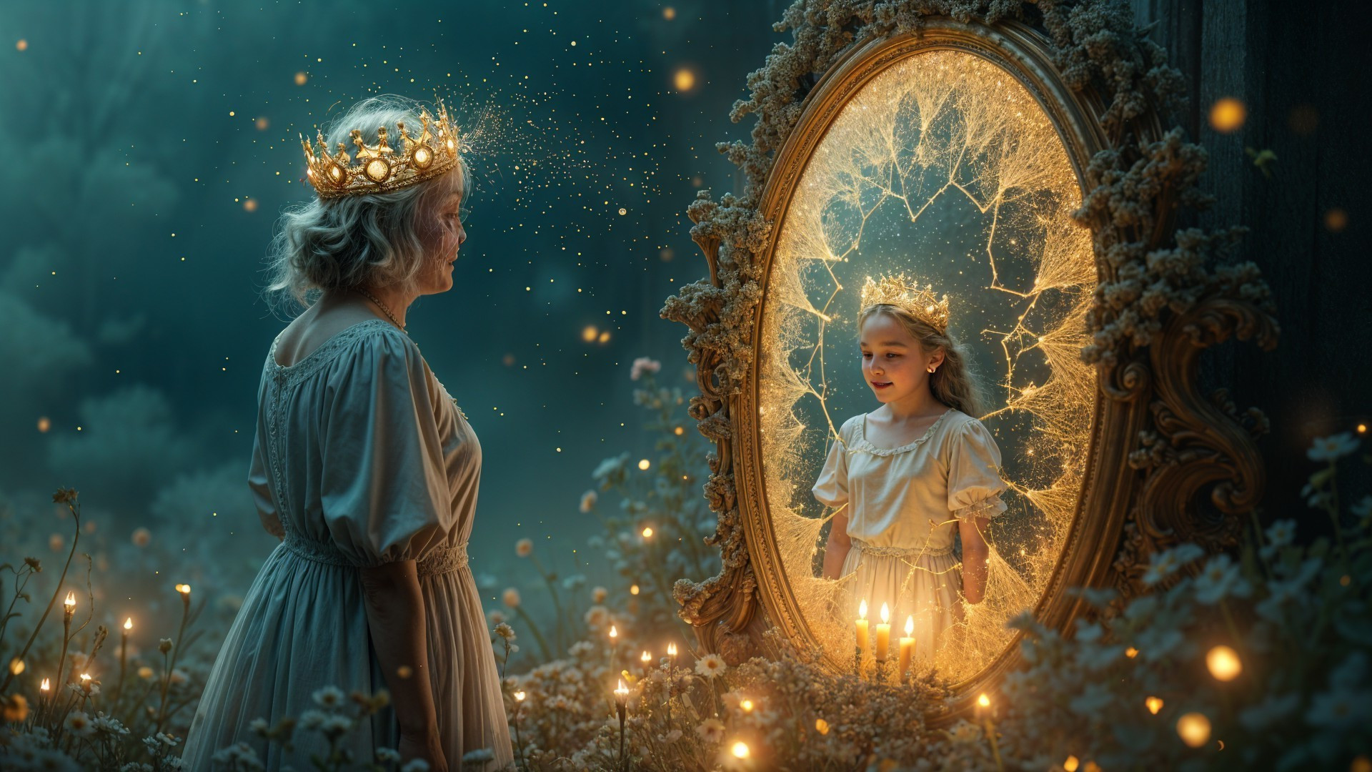 Mystical Scene with Woman, Mirror, and Young Girl