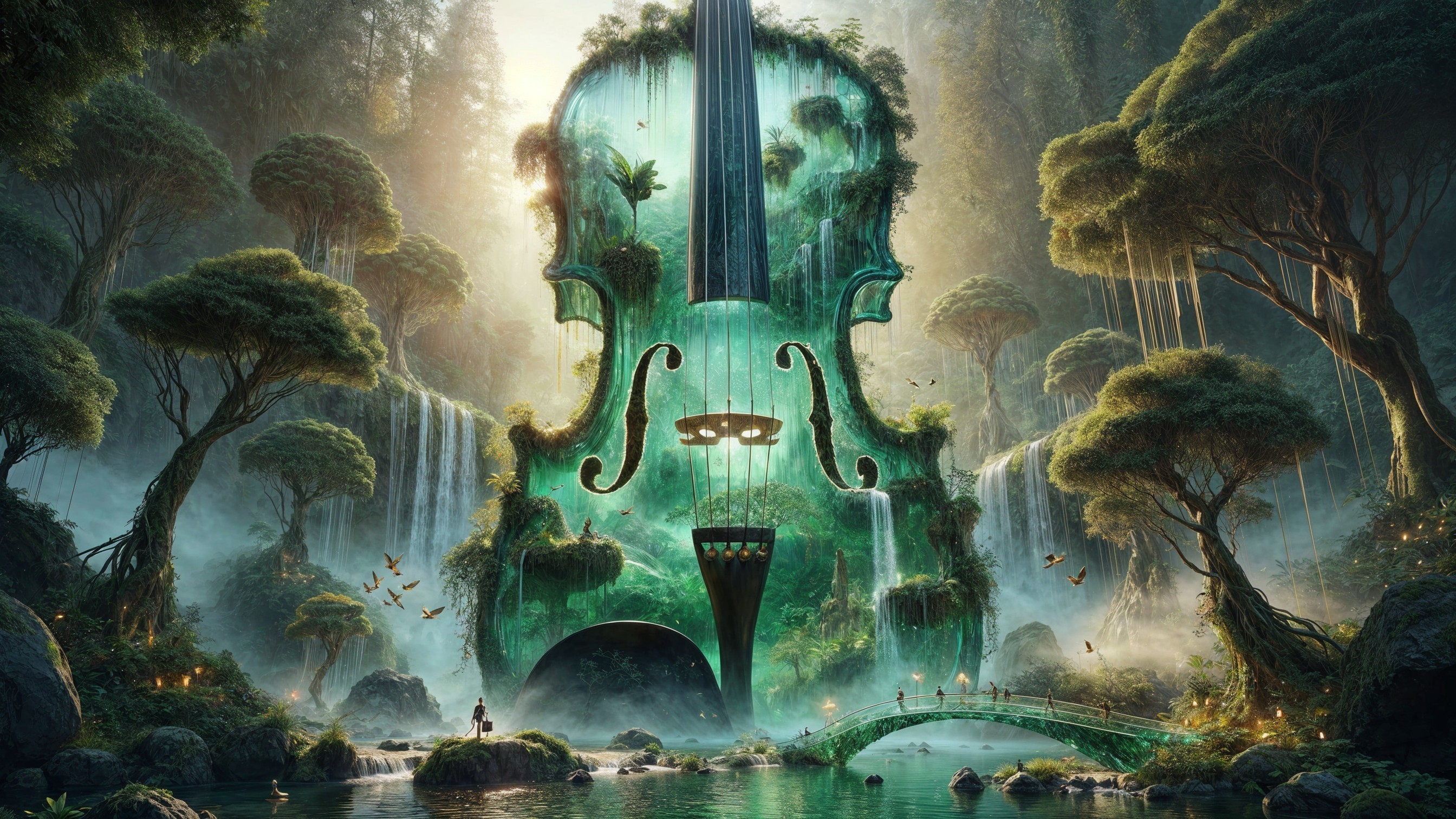 Translucent Violin in a Fantastical Landscape Scene