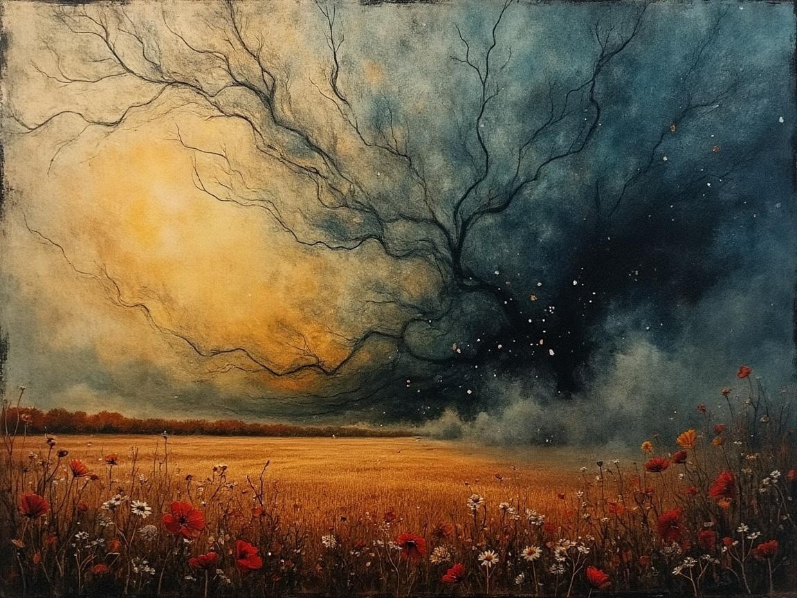 Vibrant Wildflower Field Under Turbulent Sky