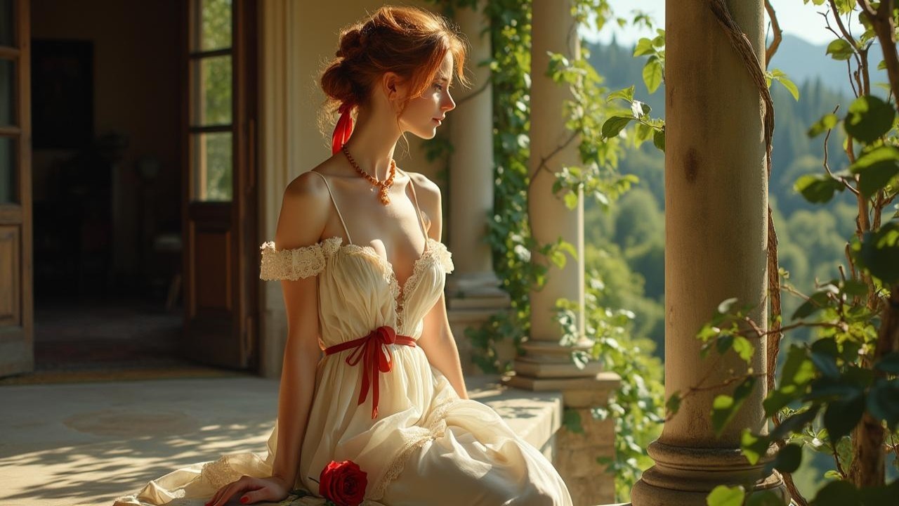 Woman in White Dress by Open Window with Red Rose