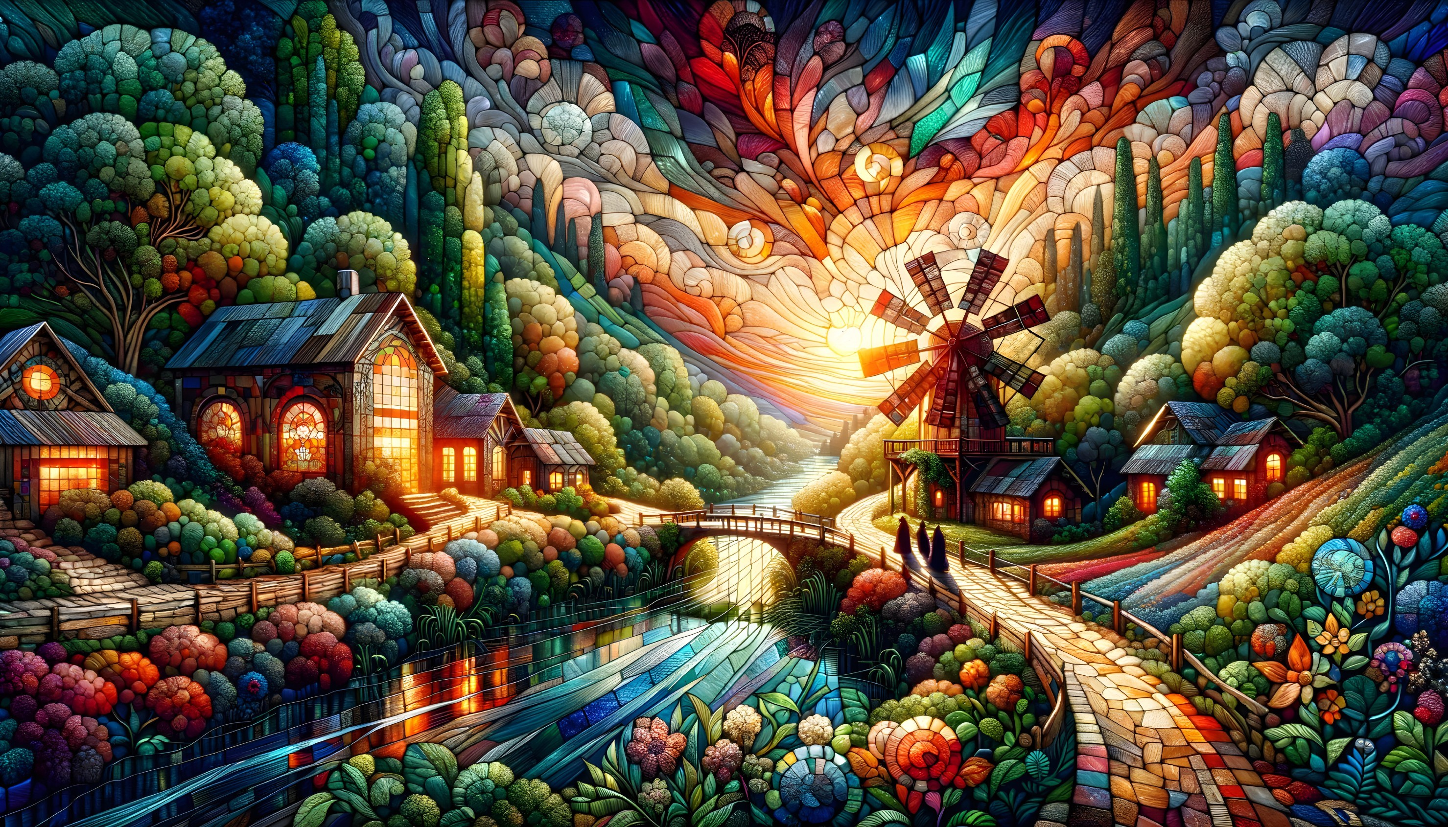 Colorful Landscape with Whimsical Houses, Windmill, Gardens, Bridge, and Sunset