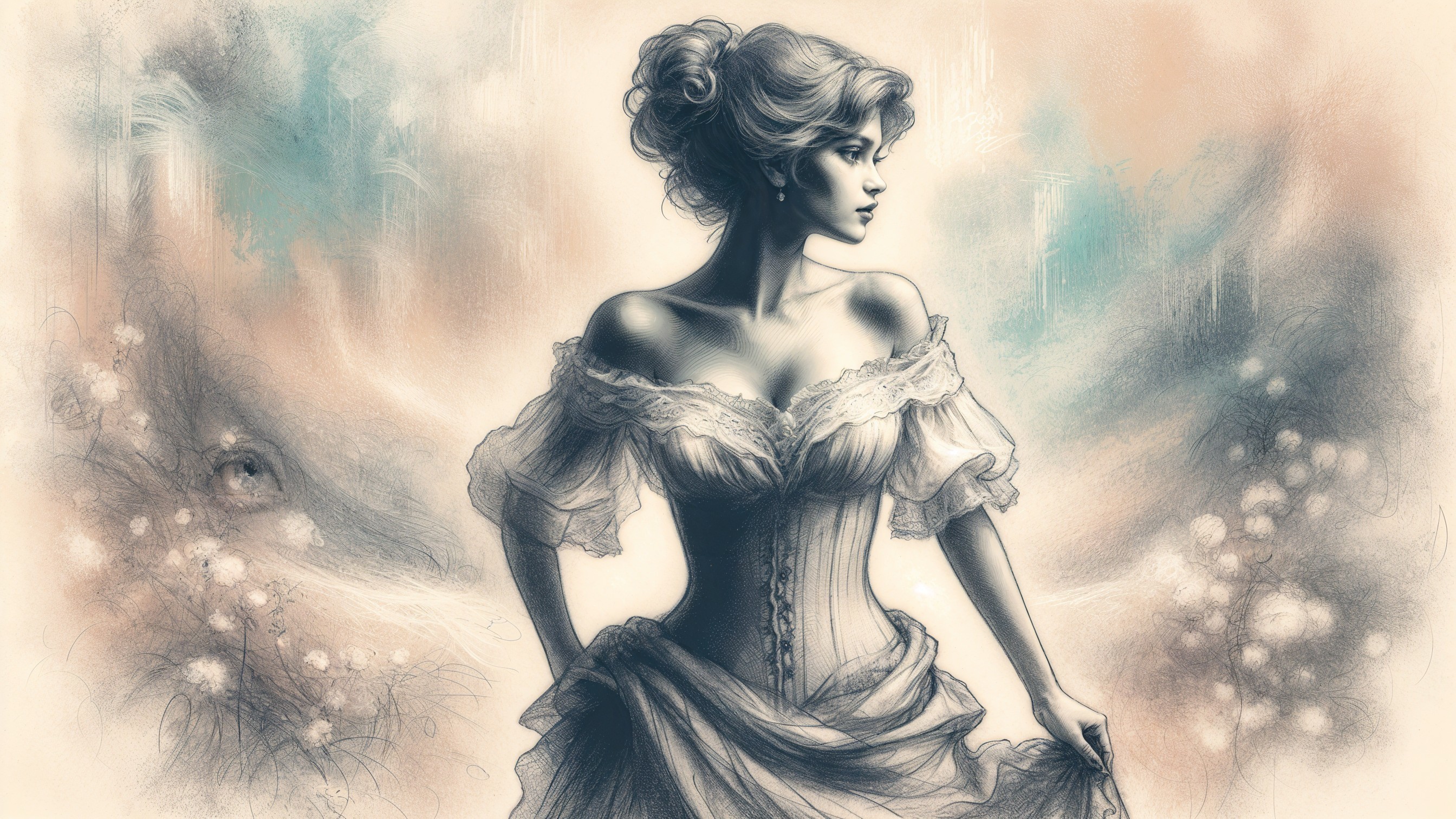 Graceful Woman in Vintage Dress in Dreamlike Setting
