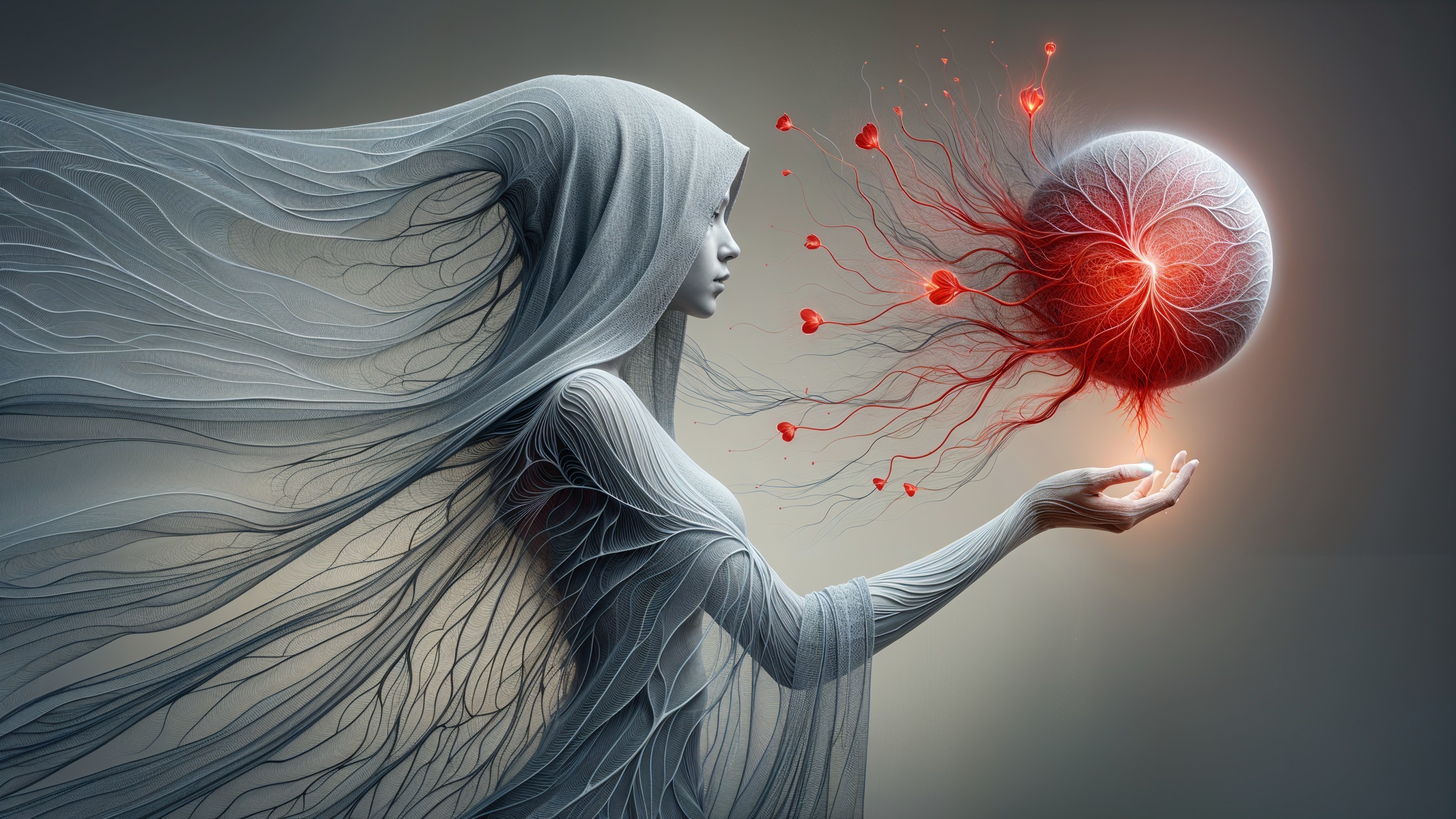 Ethereal Figure with Glowing Sphere and Light Tendrils