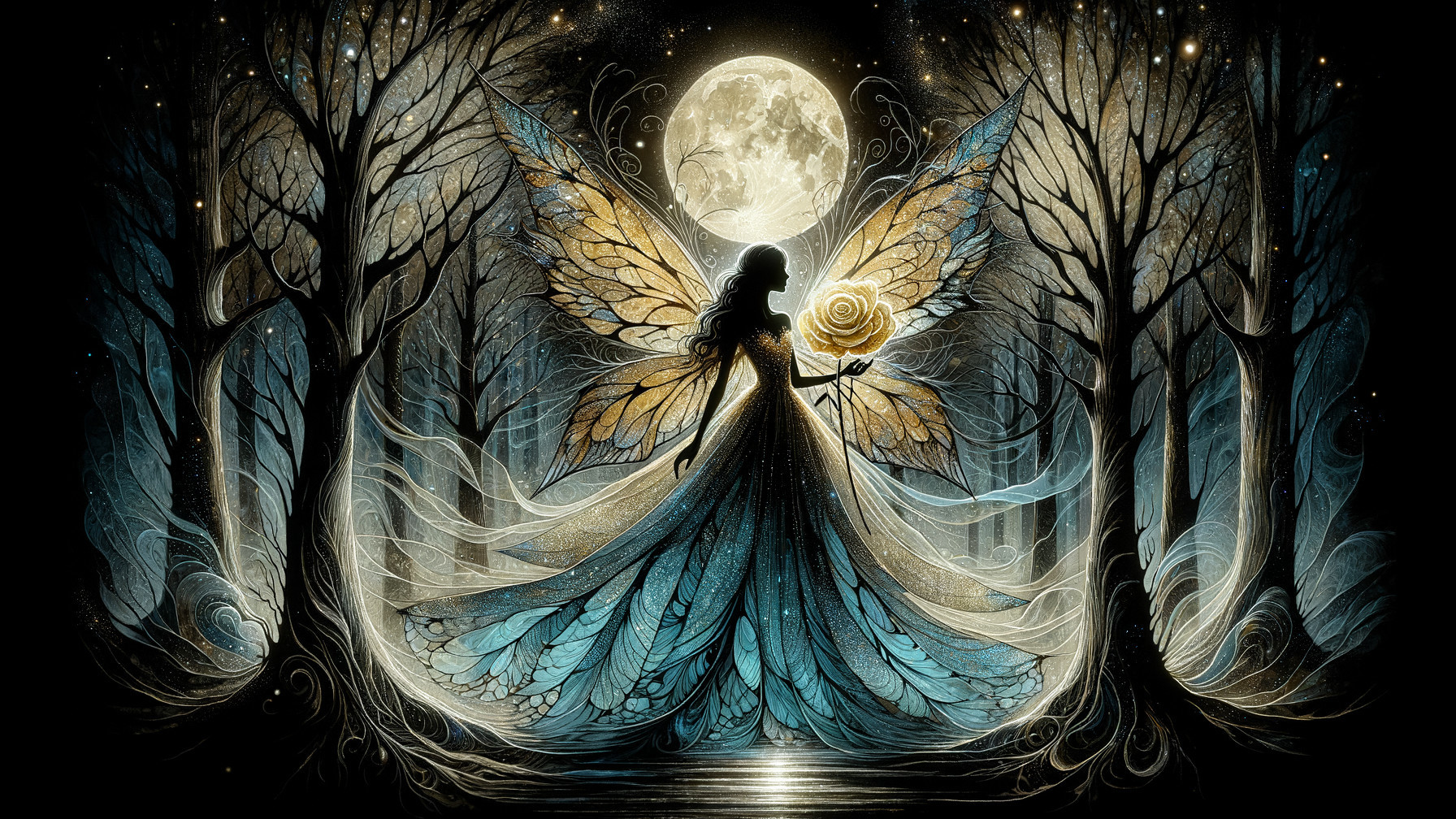 Mystical Fairy in Enchanted Forest Under Full Moon