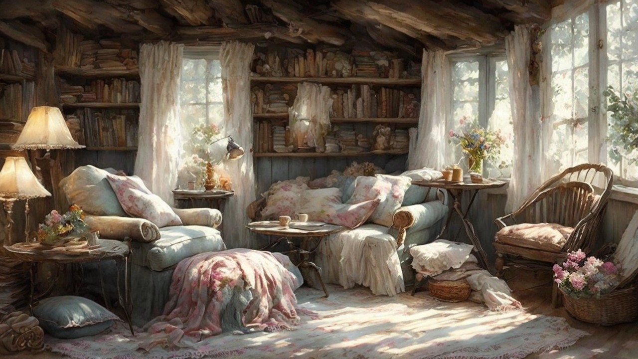 Cozy Sunlit Room with Rustic Decor and Bookshelves