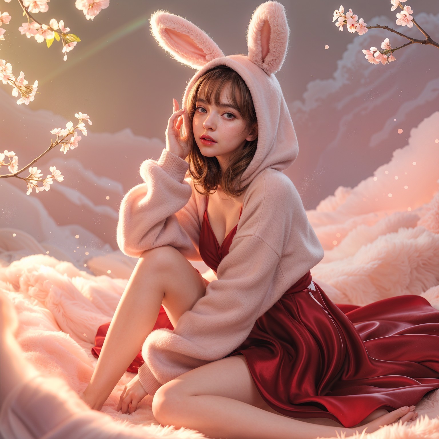 Young woman in oversized bunny hoodie with cherry blossoms