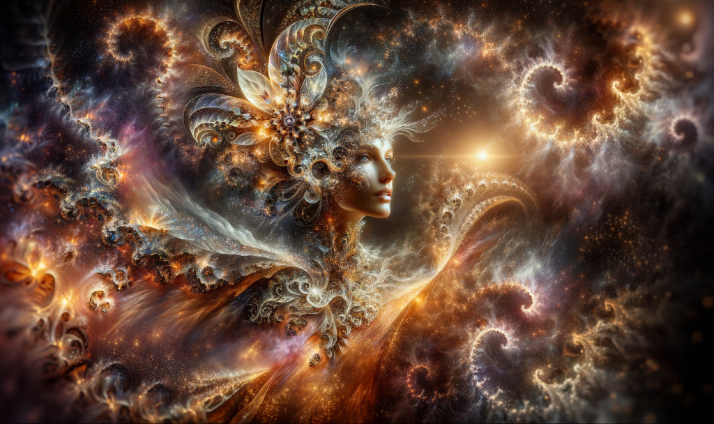 Woman's face in ornate cosmic swirls and warm colors