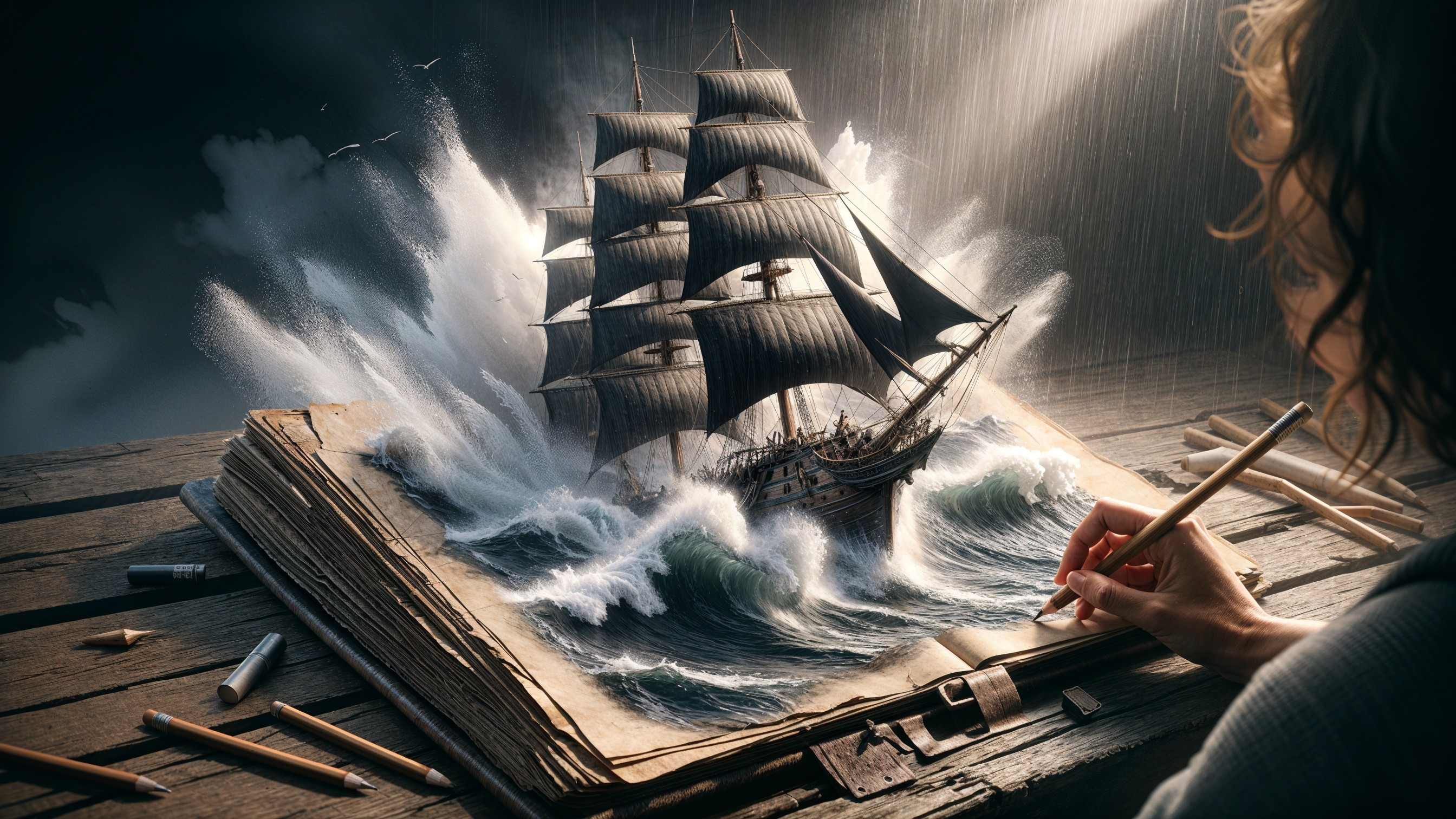 Sketching a 3D Ship in a Stormy Scene