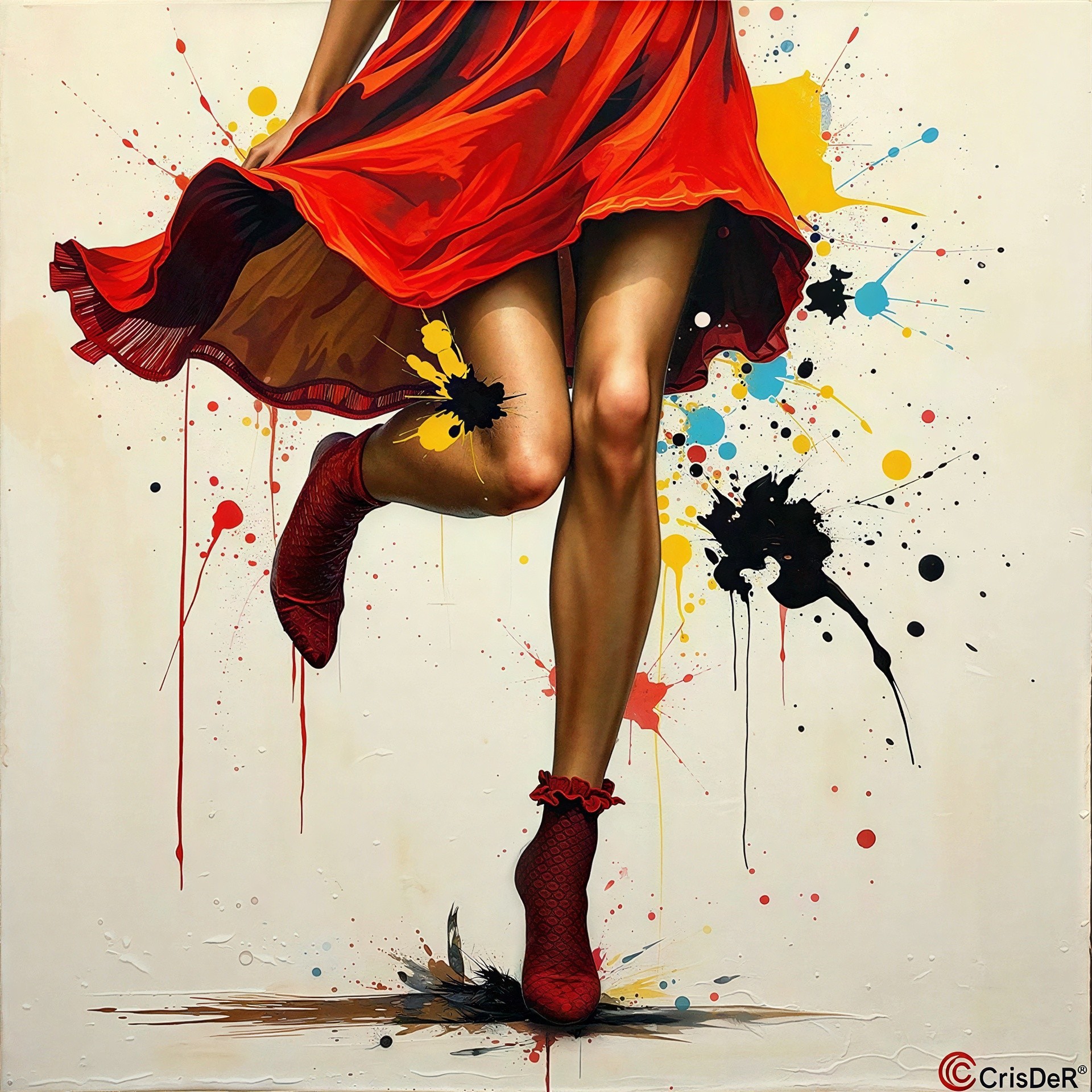 Vibrant Acrylic Painting of Young Adult Female in Red Dress