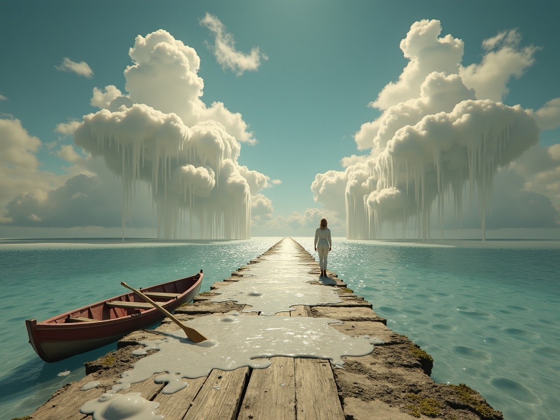 Wooden Pier Overlooks Serene Sea with Dreamlike Clouds