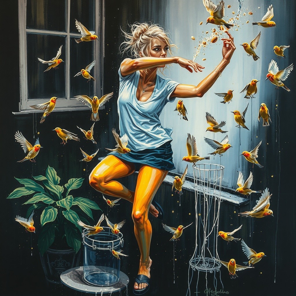 Woman in casual outfit interacts with canary birds