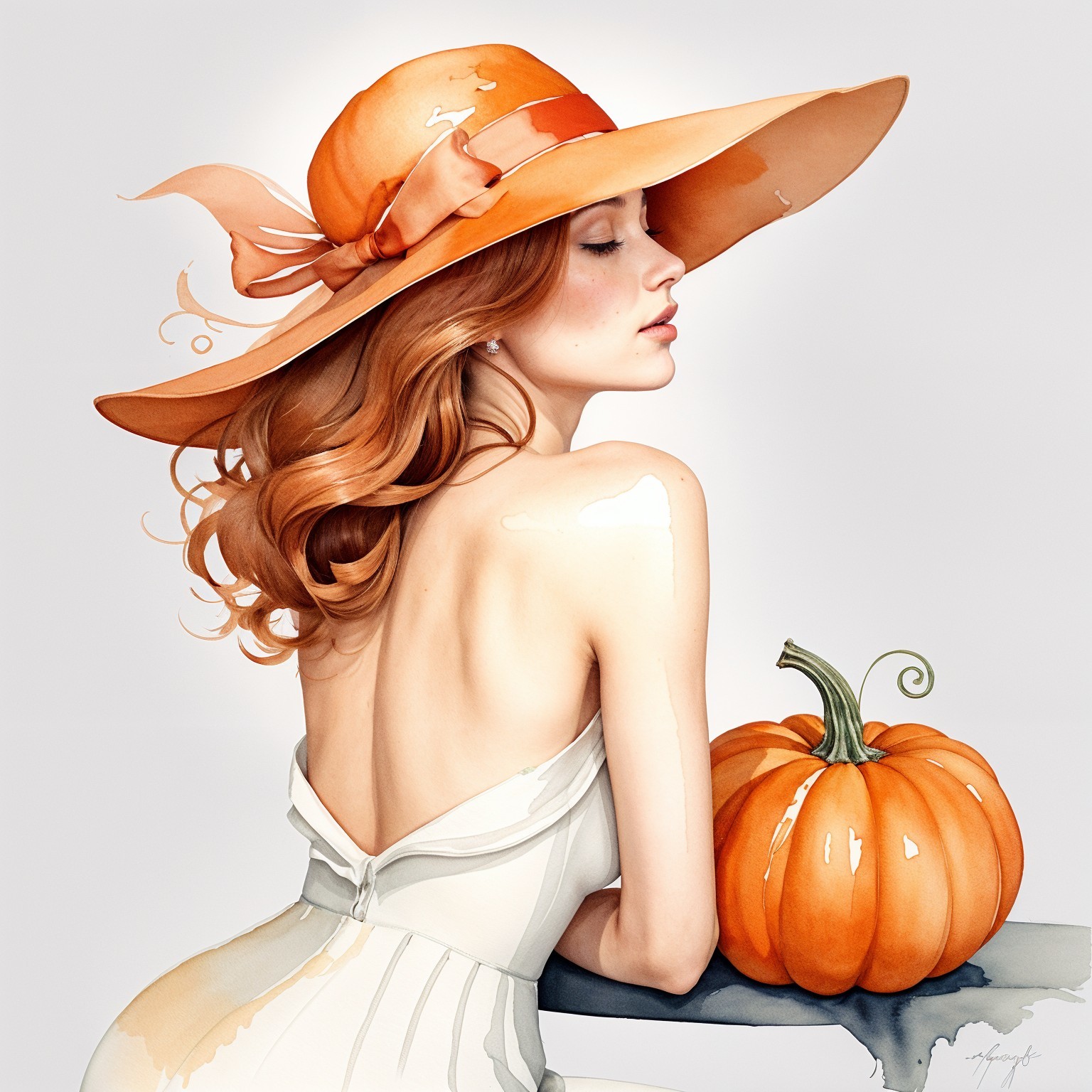 Profile of a woman in an orange hat with pumpkin
