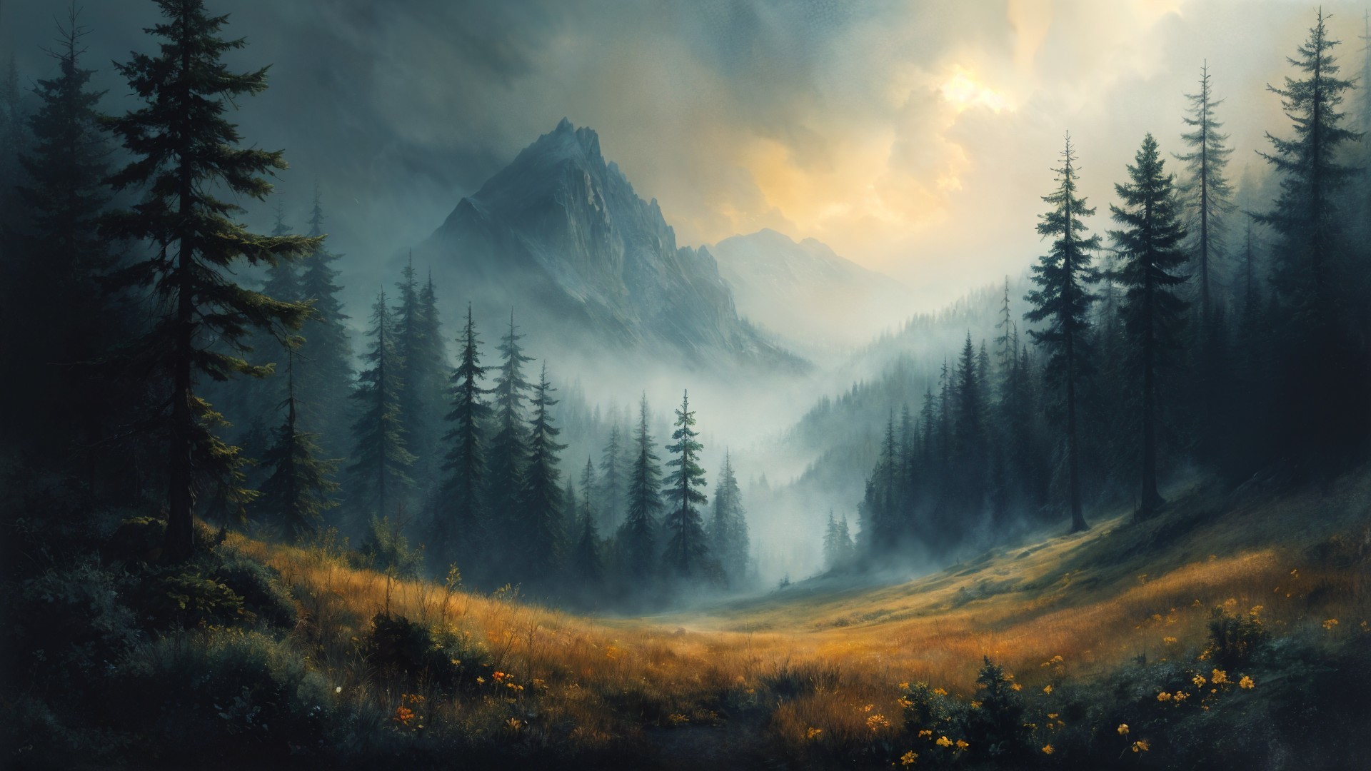 Majestic Mountain Range with Mist and Evergreen Trees