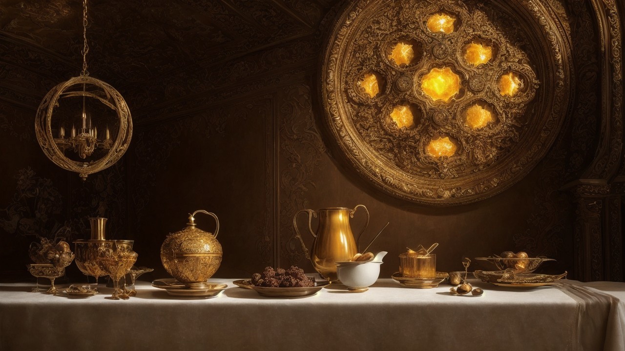 Opulent Dining Scene with Golden Tableware and Ambiance