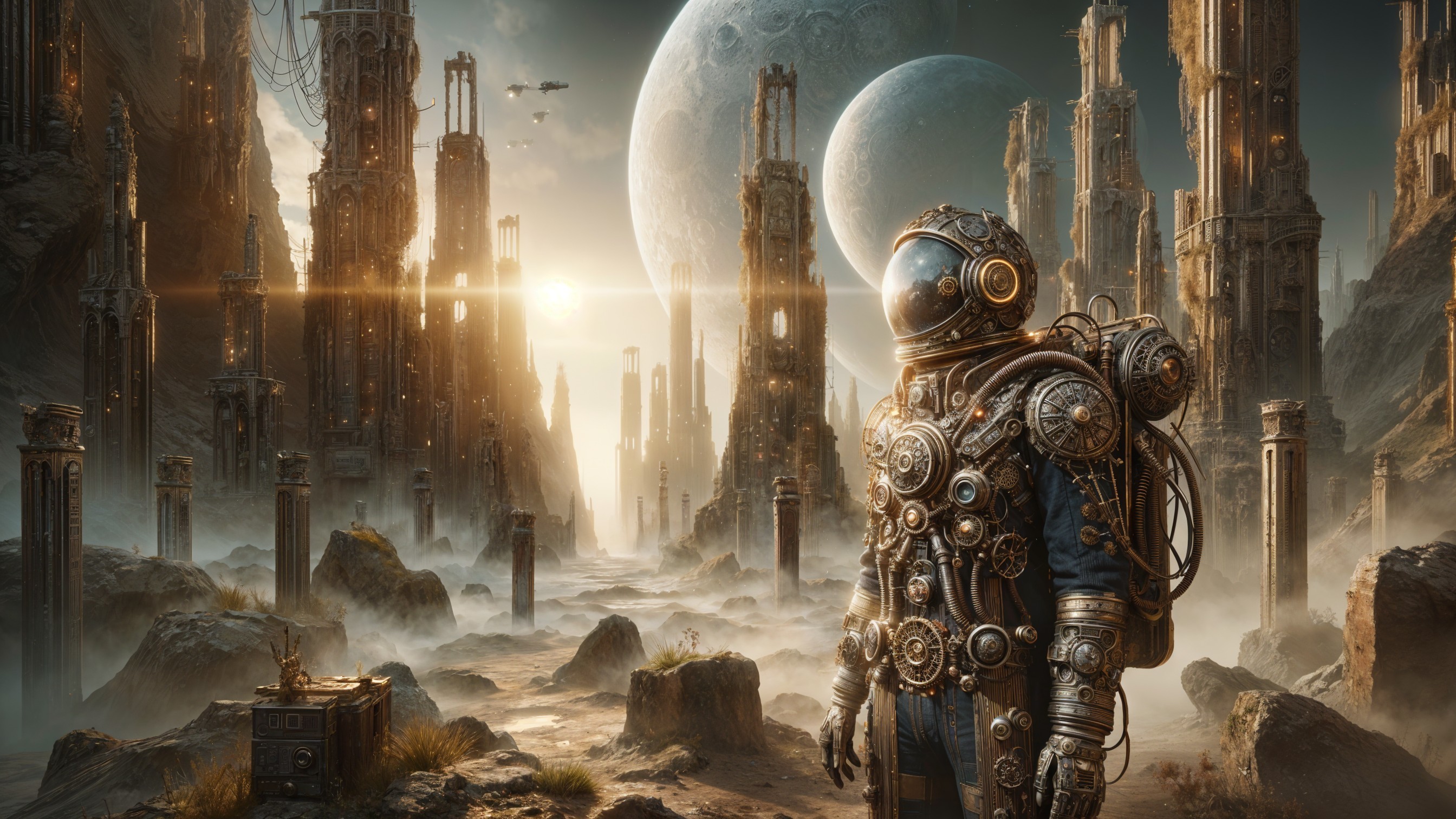 Vintage Astronaut in Alien Landscape with Ruins