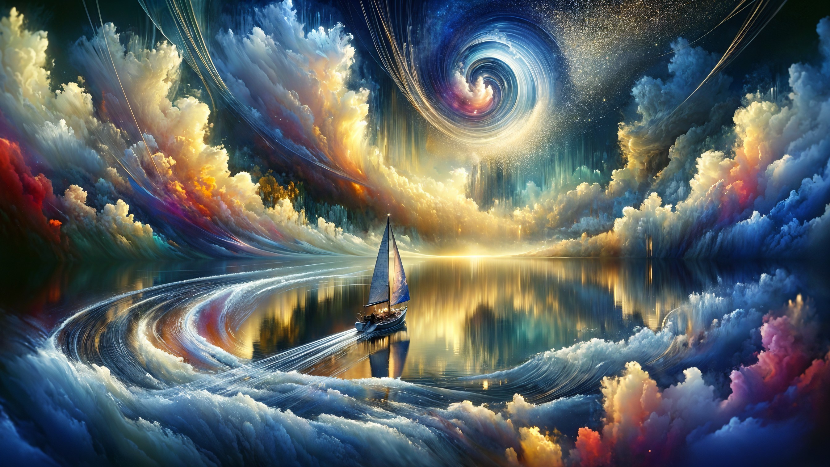 Serene Sailing Boat on a Vibrant Cloudy Sea