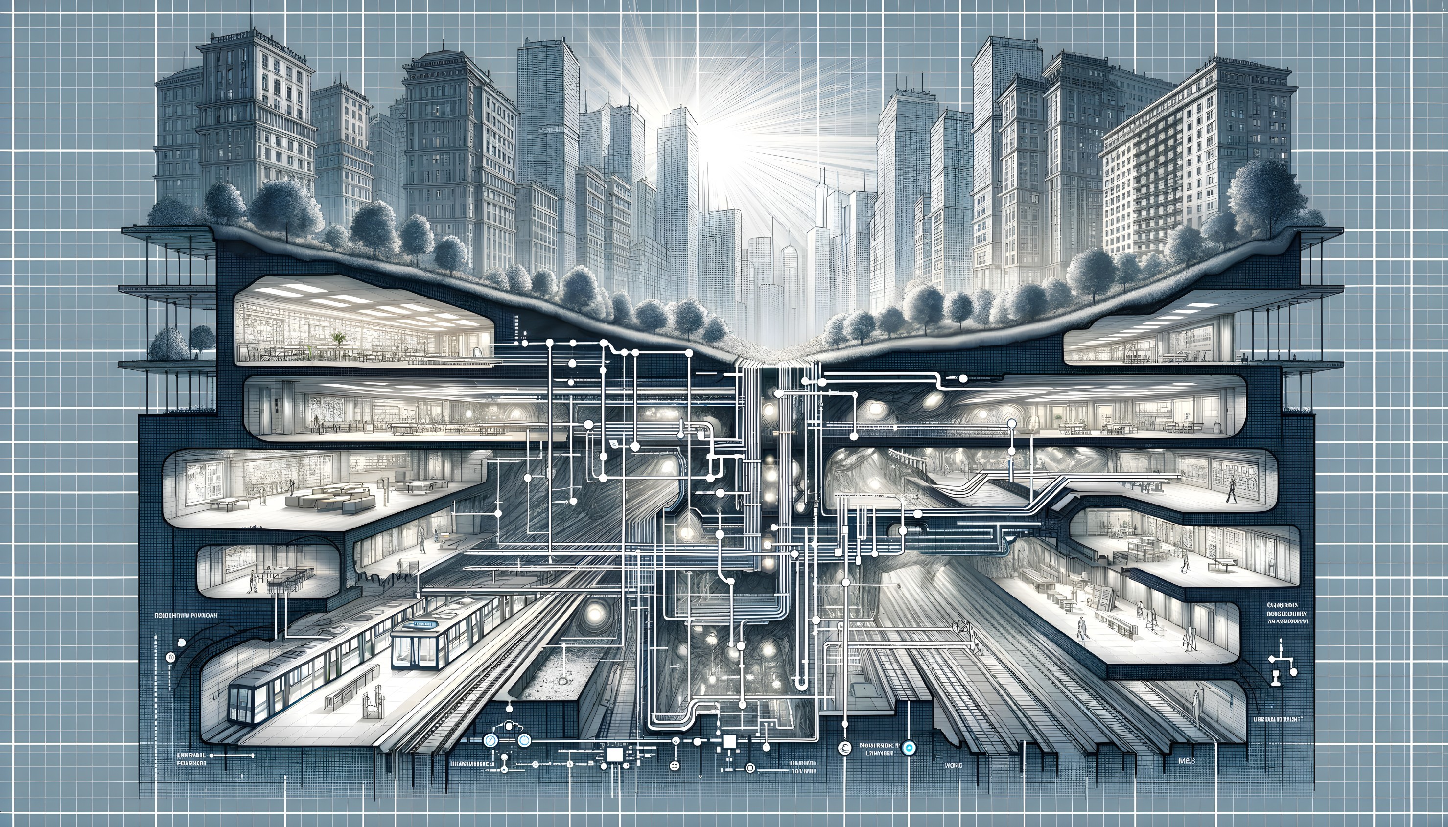 Detailed Cross-Section Illustration of Futuristic City with Multiple Layers on Blueprint Background