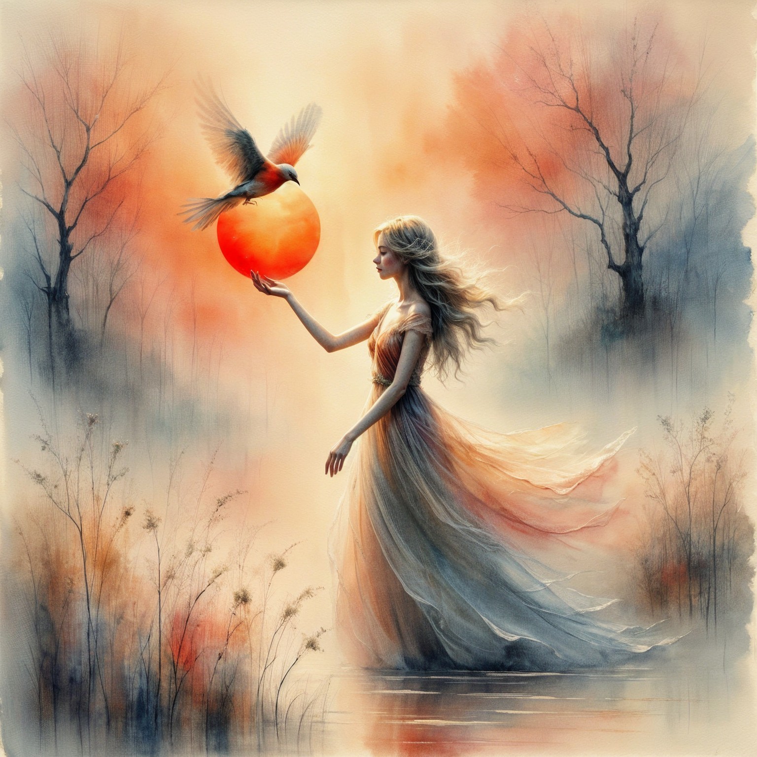 Woman in Gown Holding Sun in Tranquil Landscape