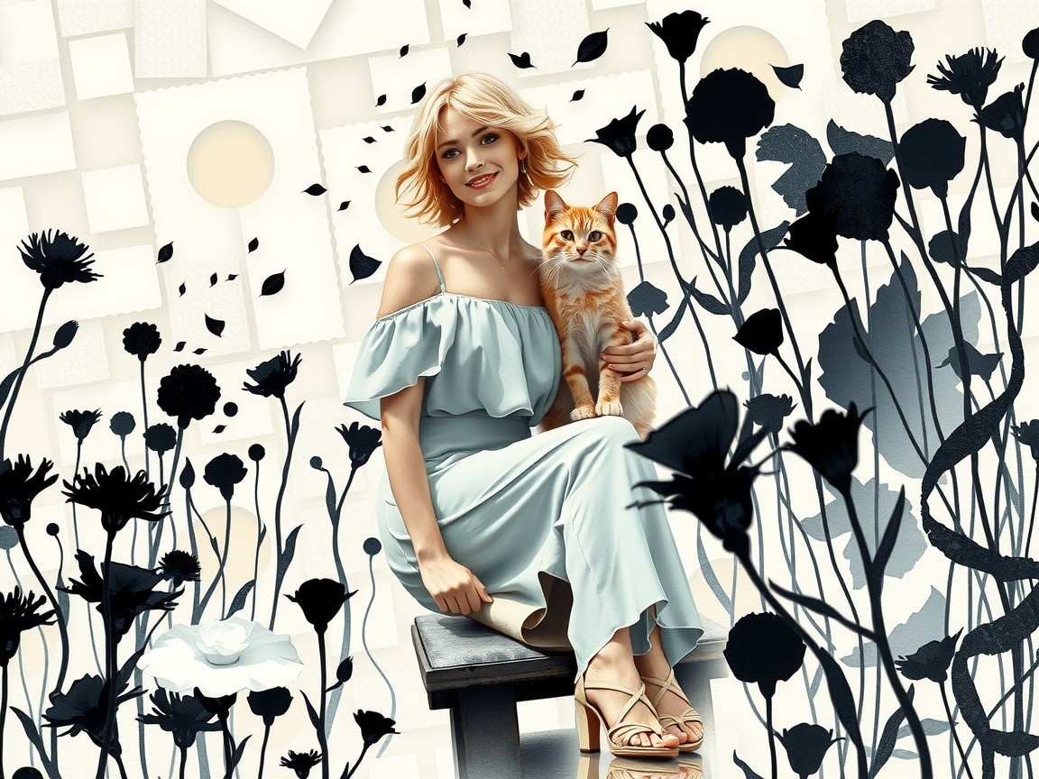 Woman in Blue Dress with Orange Tabby Cat and Flowers