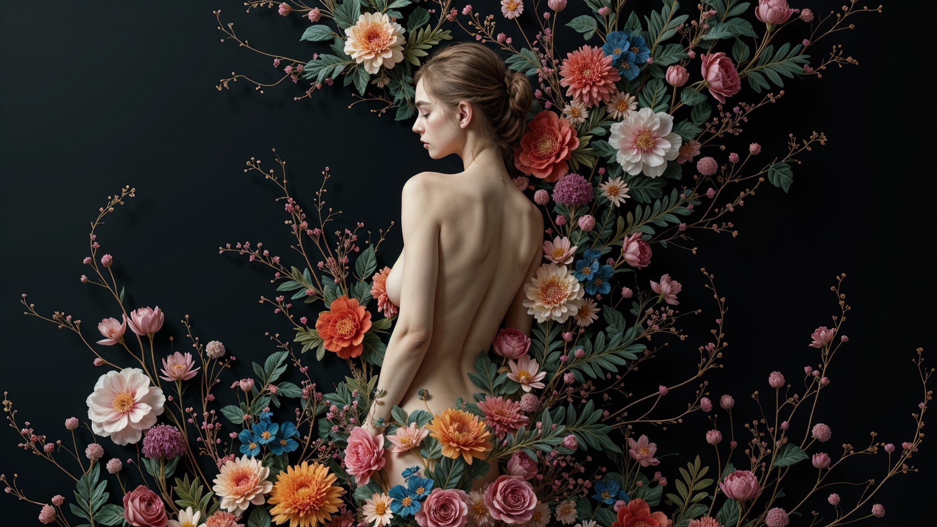 Nude Figure Surrounded by Vibrant Floral Arrangement