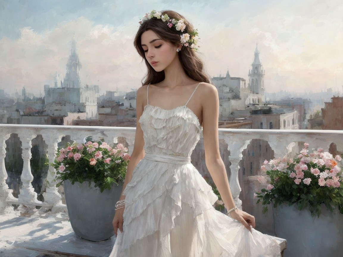 Young Woman in White Dress on Scenic Balcony