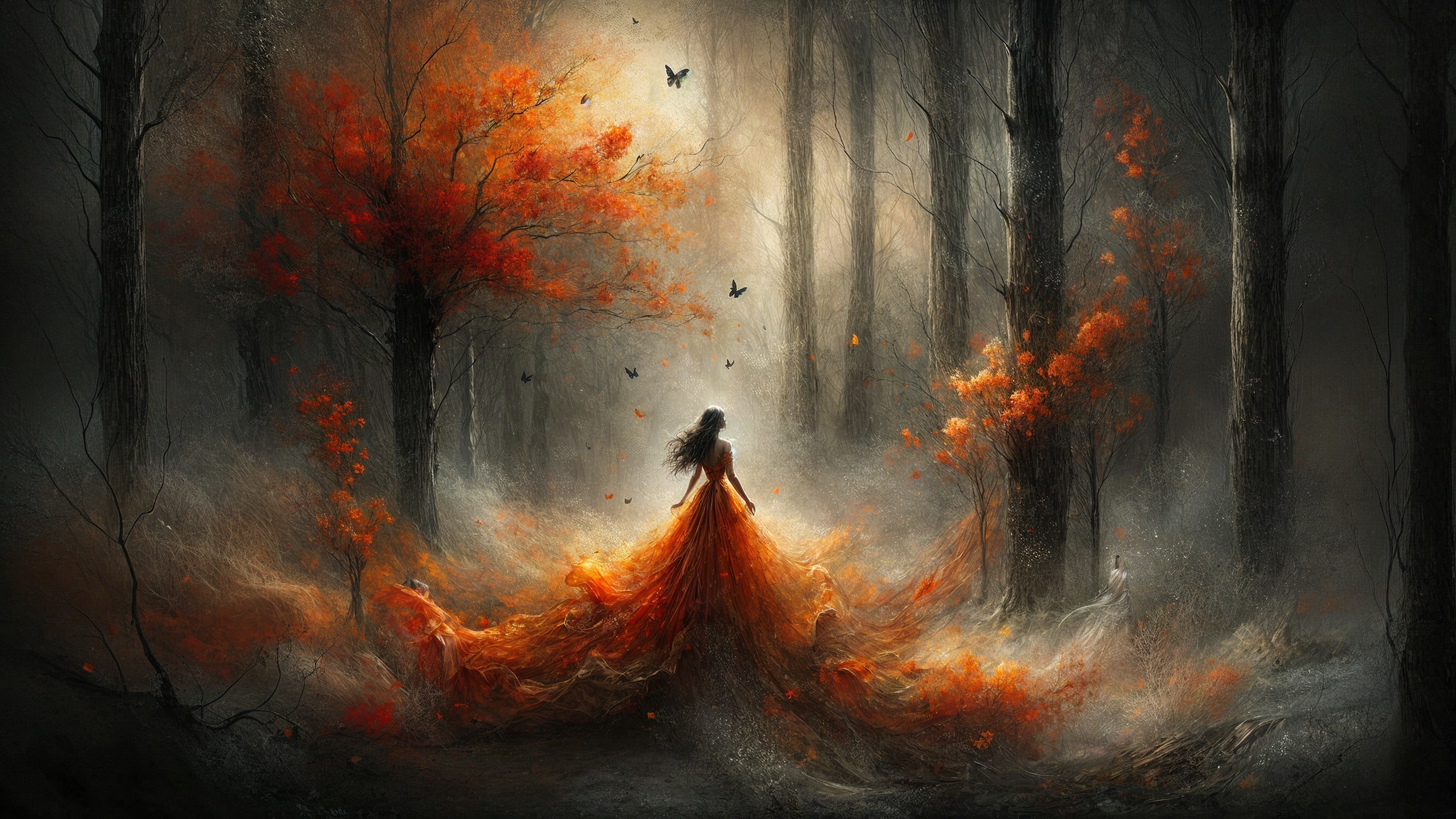 Mystical forest scene with figure in orange gown
