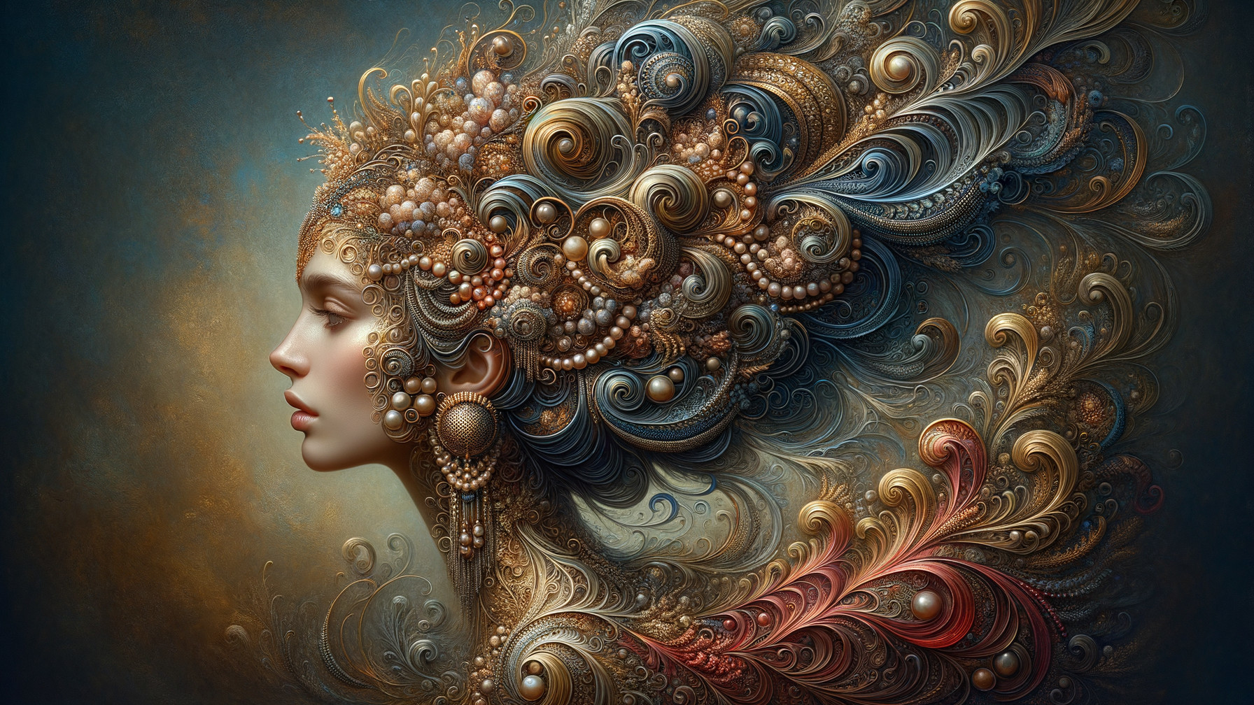 Profile of a woman with intricate patterns and flowing hair