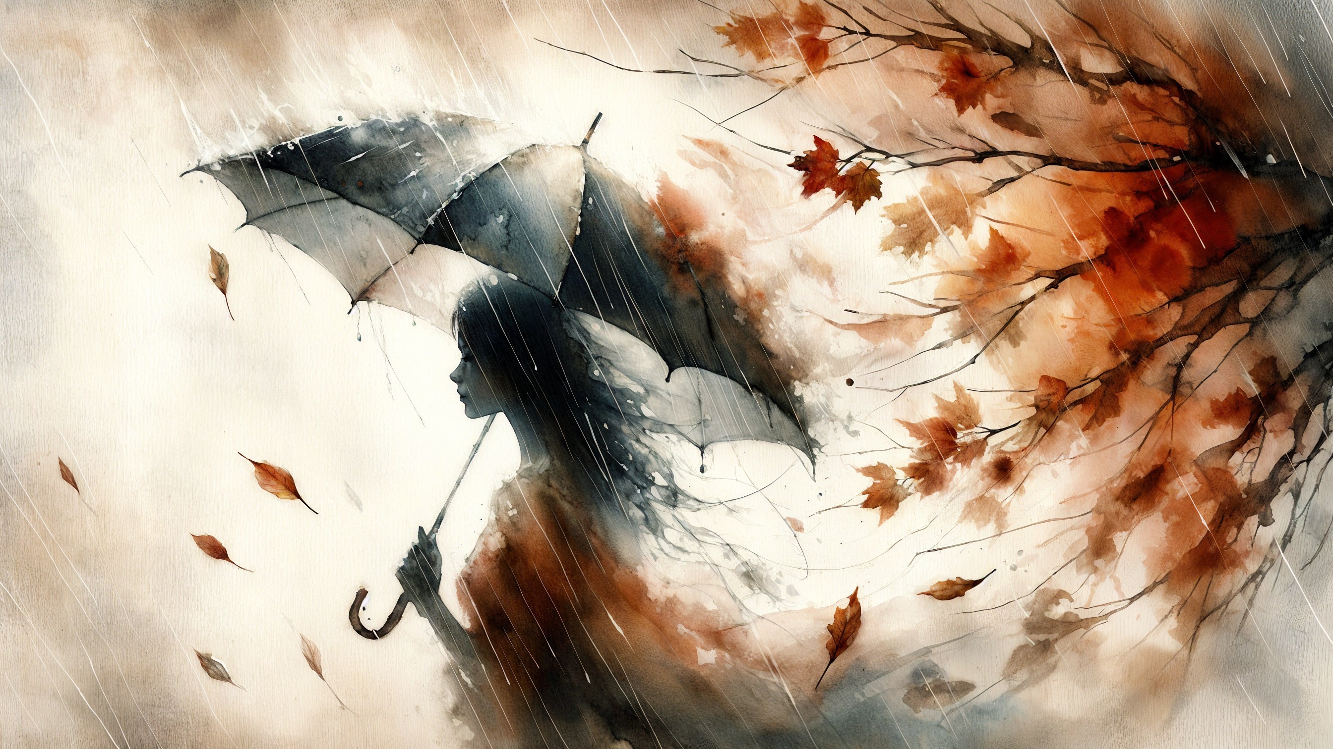 Solitary Figure Under Umbrella in Autumn Rain