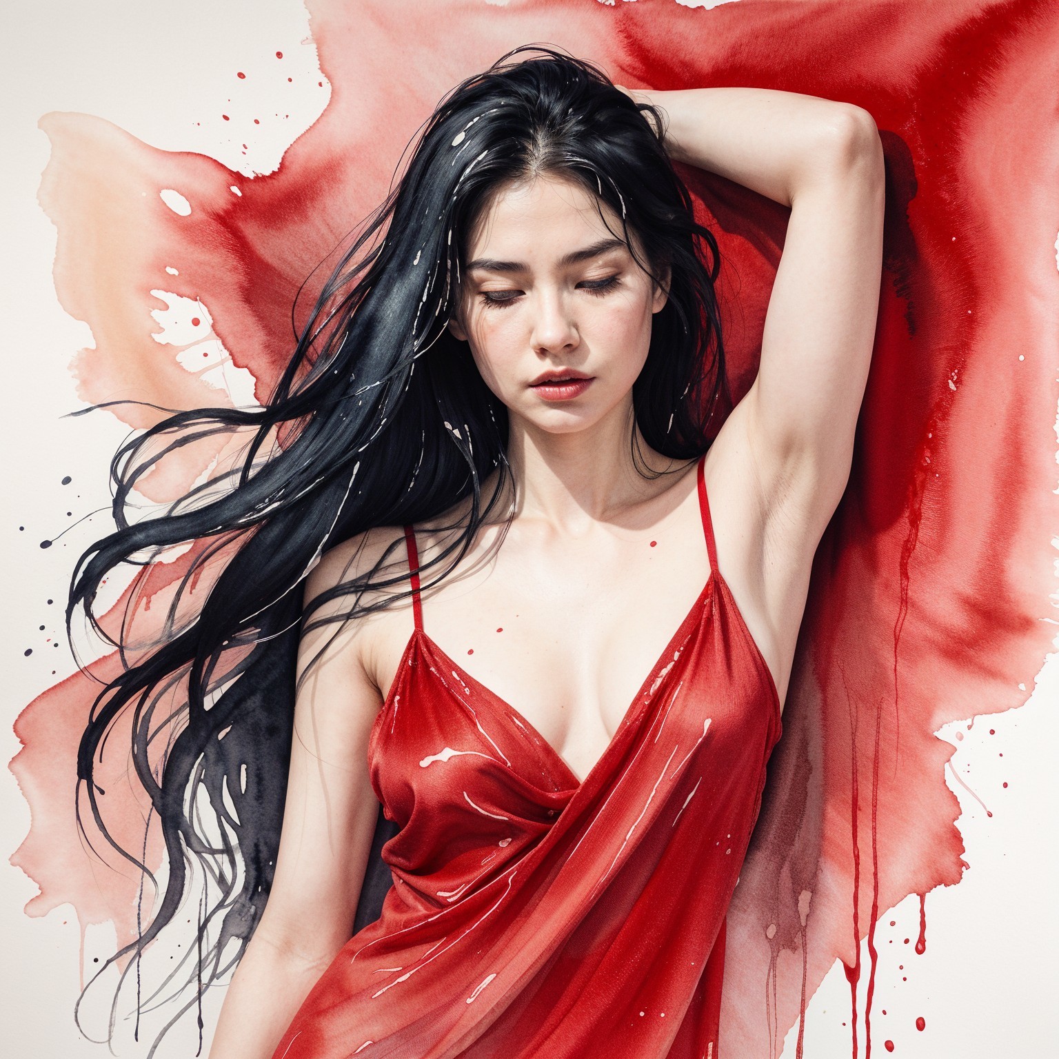 Elegant Woman in Red Dress with Watercolor Background