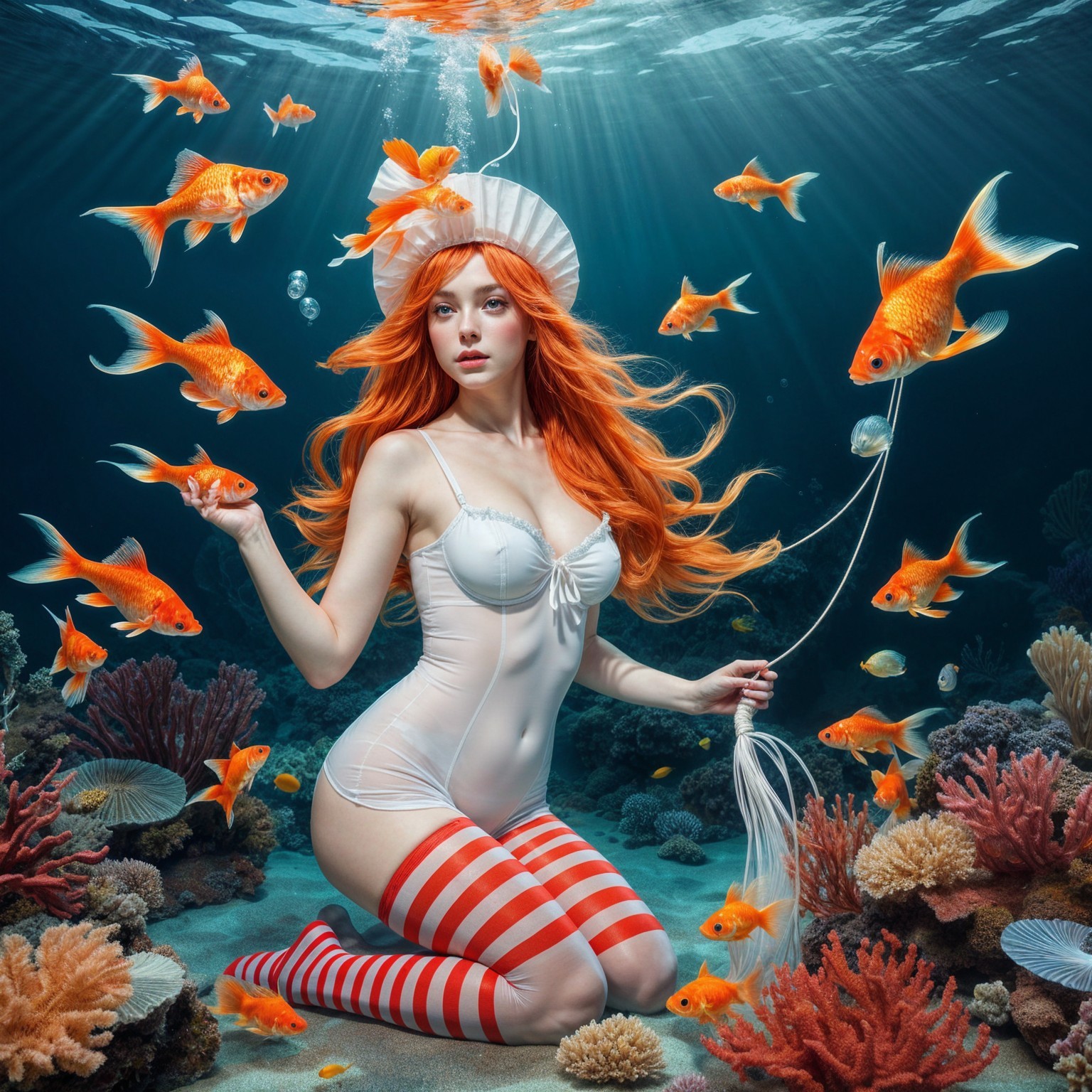 Underwater Scene with Woman in White Swimsuit and Coral