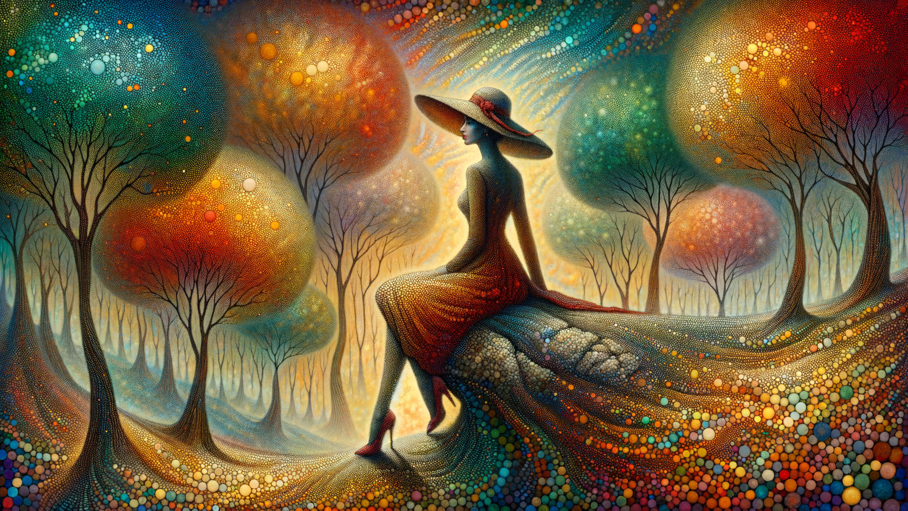 Serene figure in a colorful, whimsical landscape setting