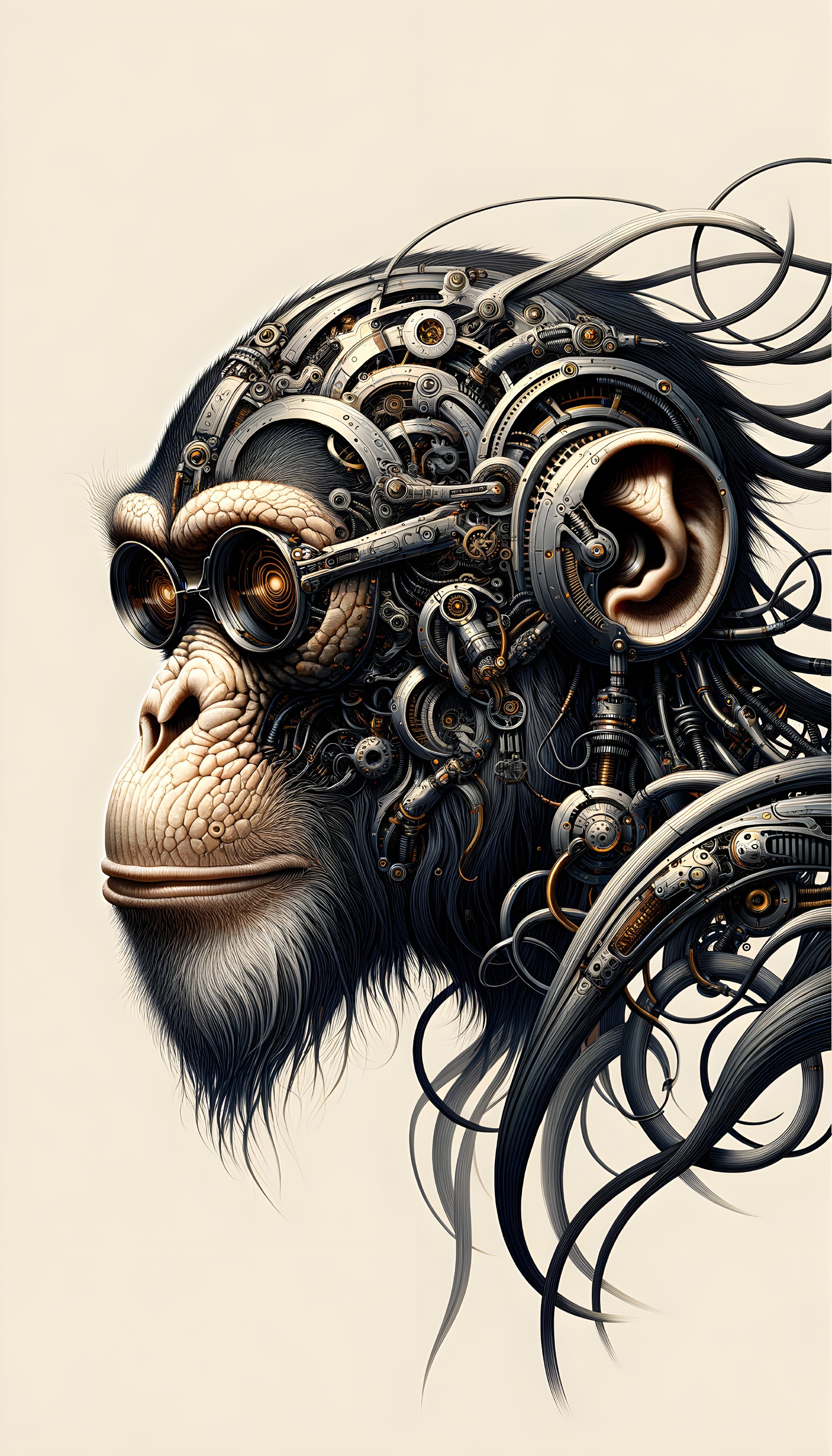 Detailed illustration: Chimpanzee with realistic & steampunk mechanical half