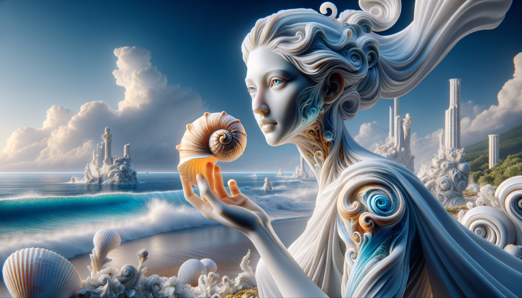 Surreal artwork: Woman with white hair holding seashell in ruins & ocean.