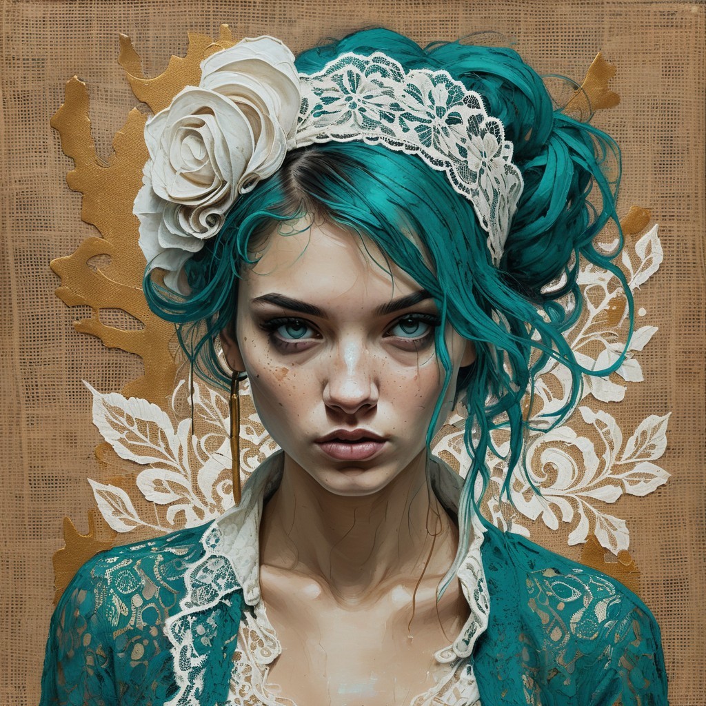 Young woman with turquoise hair and lace attire