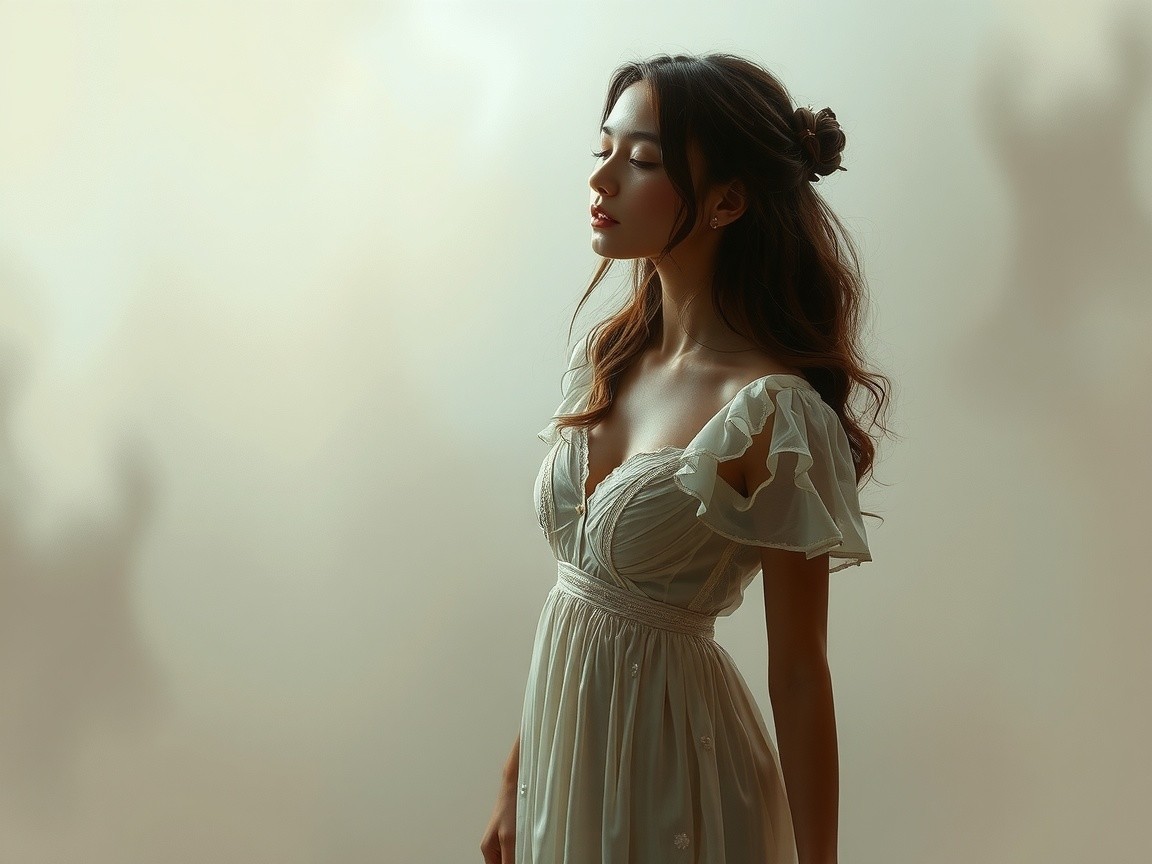 Young Woman in Ethereal Light with Flowing Dress