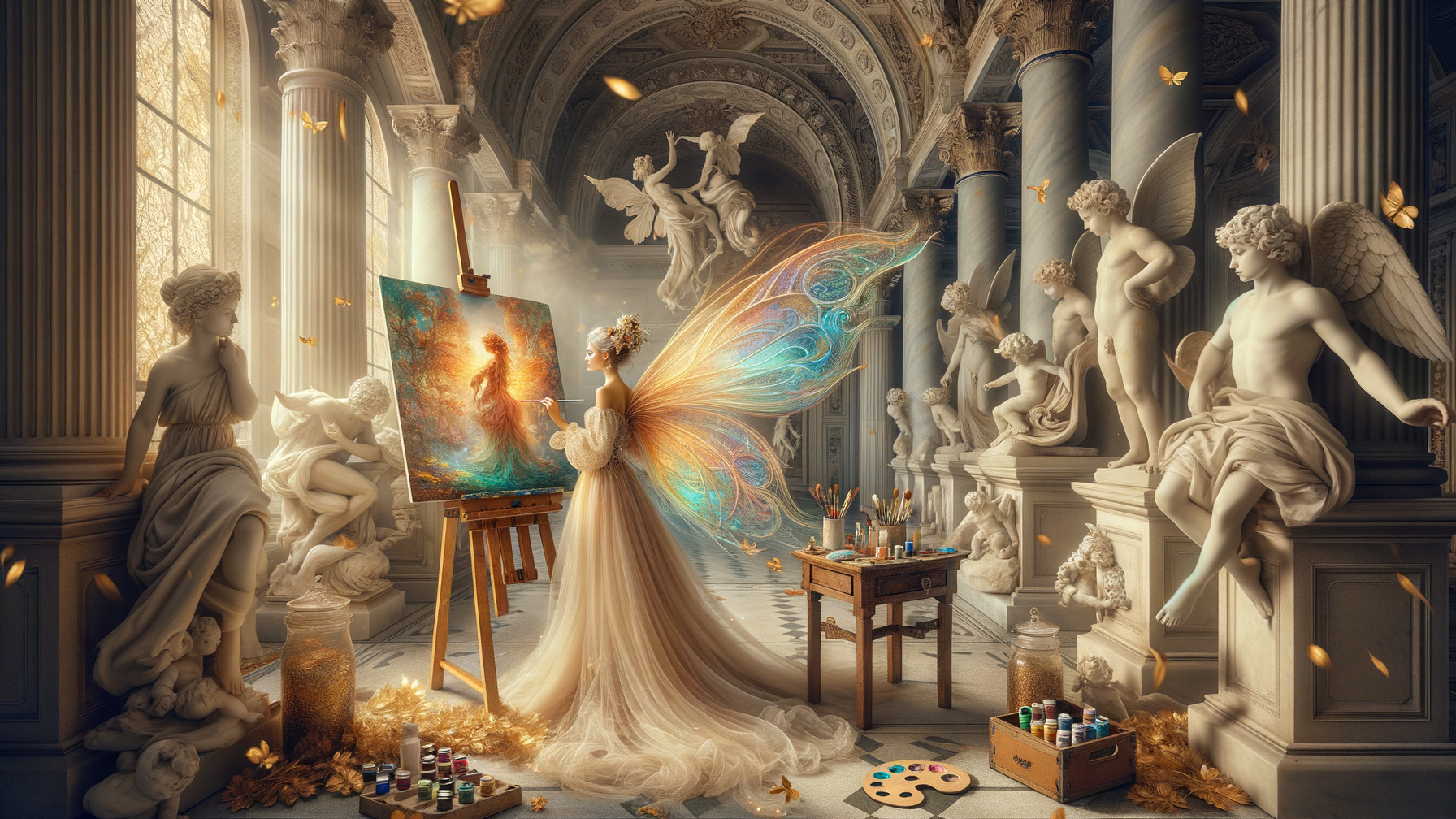 Fairy Painting in a Marble Hall with Butterflies