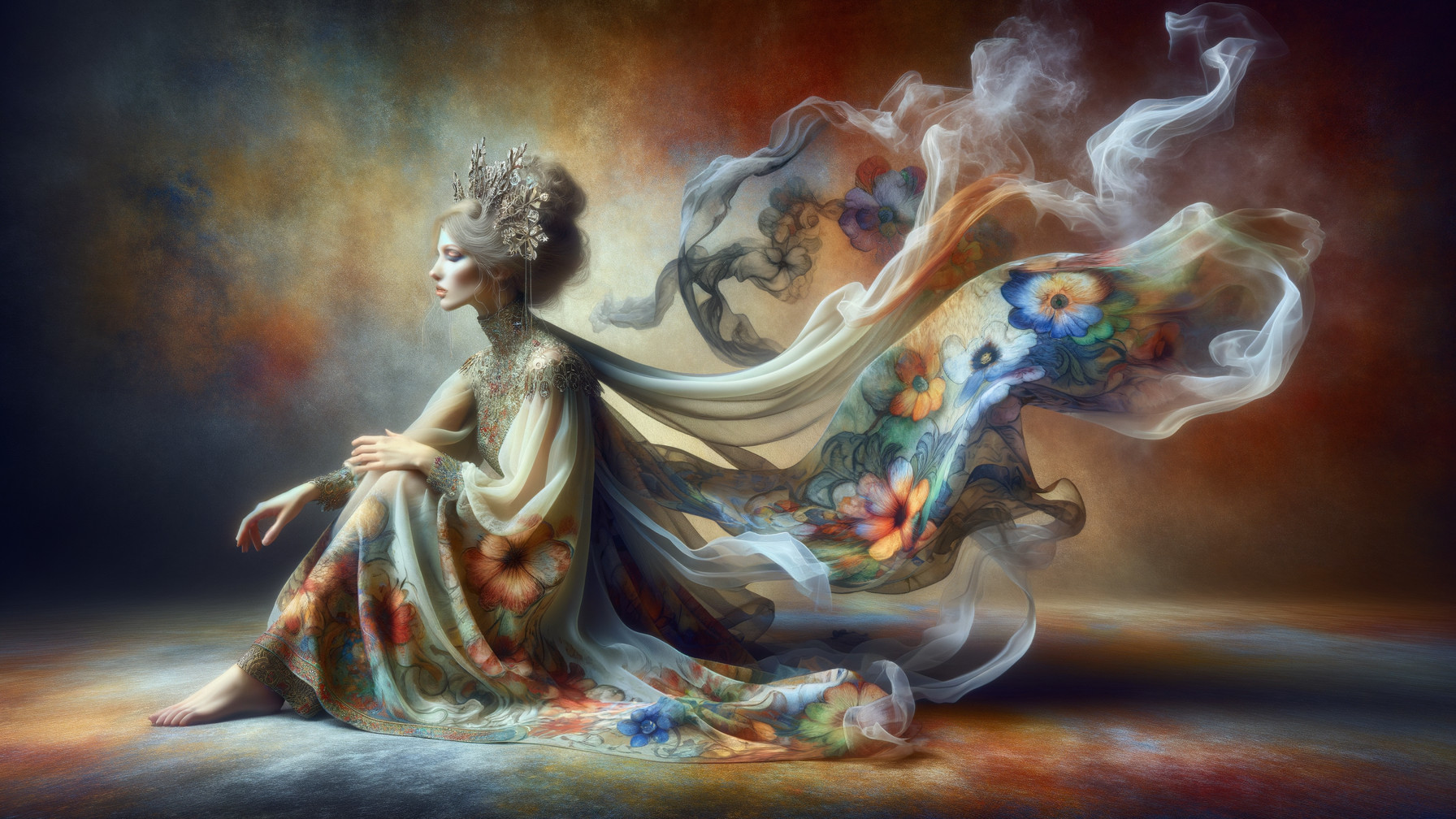 Elegant Figure in Flowing Floral Gown with Dreamlike Atmosphere