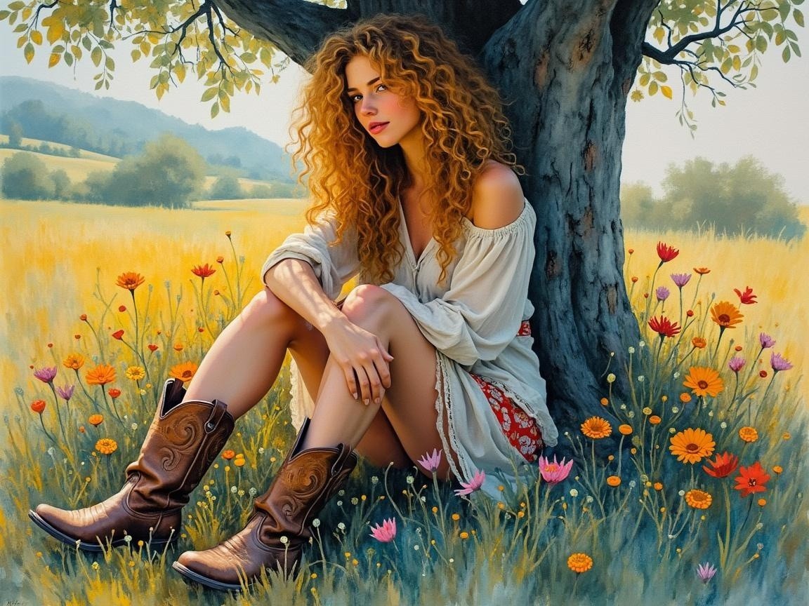 Young woman in meadow by tree with wildflowers
