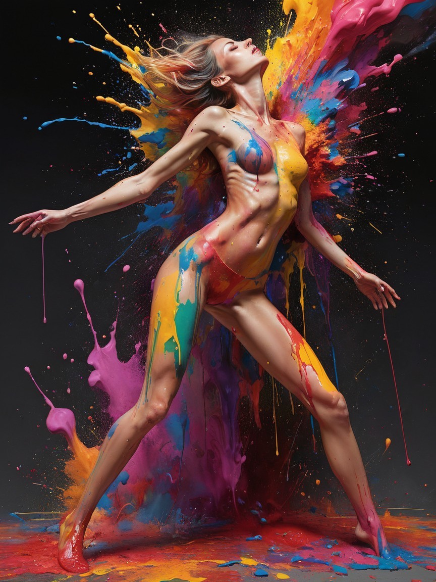 Female Figure in Vibrant Paint with Colorful Splashes