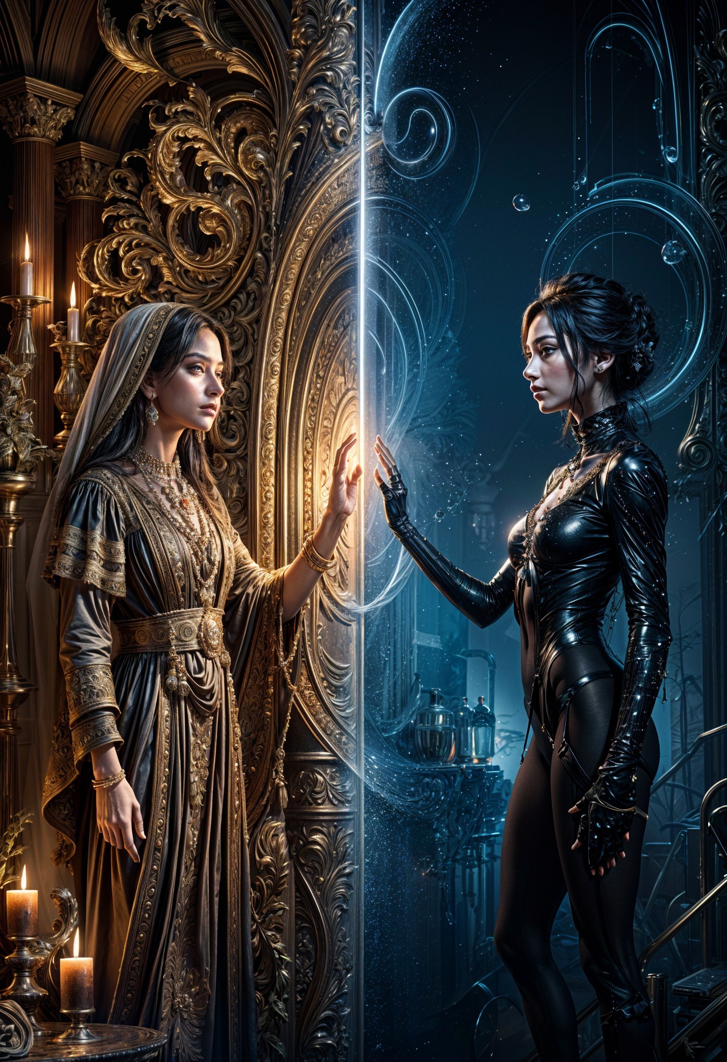Mystical Portal with Queen and Futuristic Woman