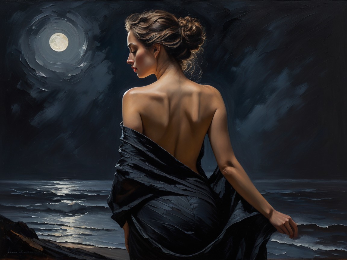 Elegant Figure in Dark Fabric by Moonlit Ocean
