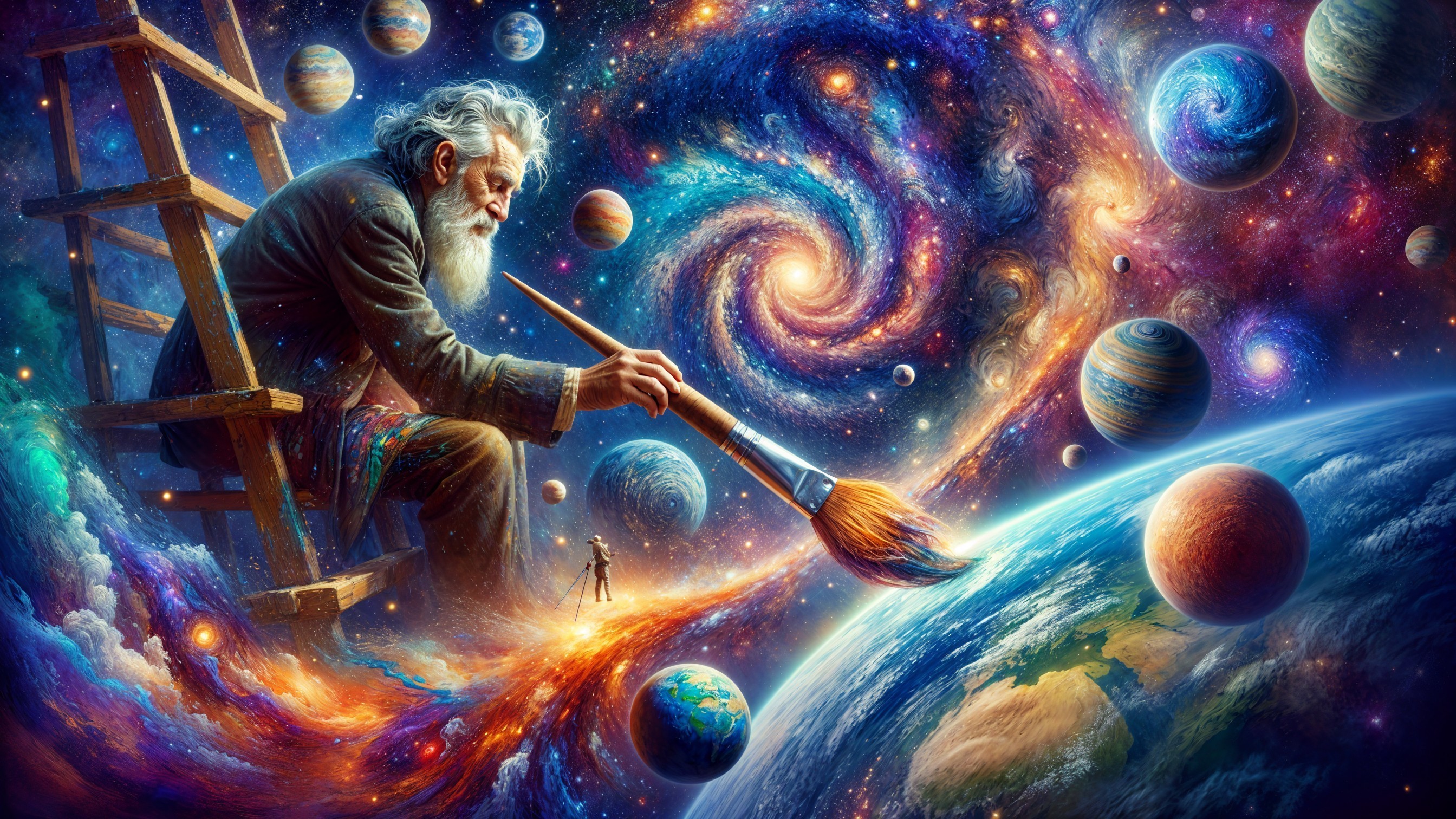 Elderly Artist Painting Cosmic Scene on a Ladder