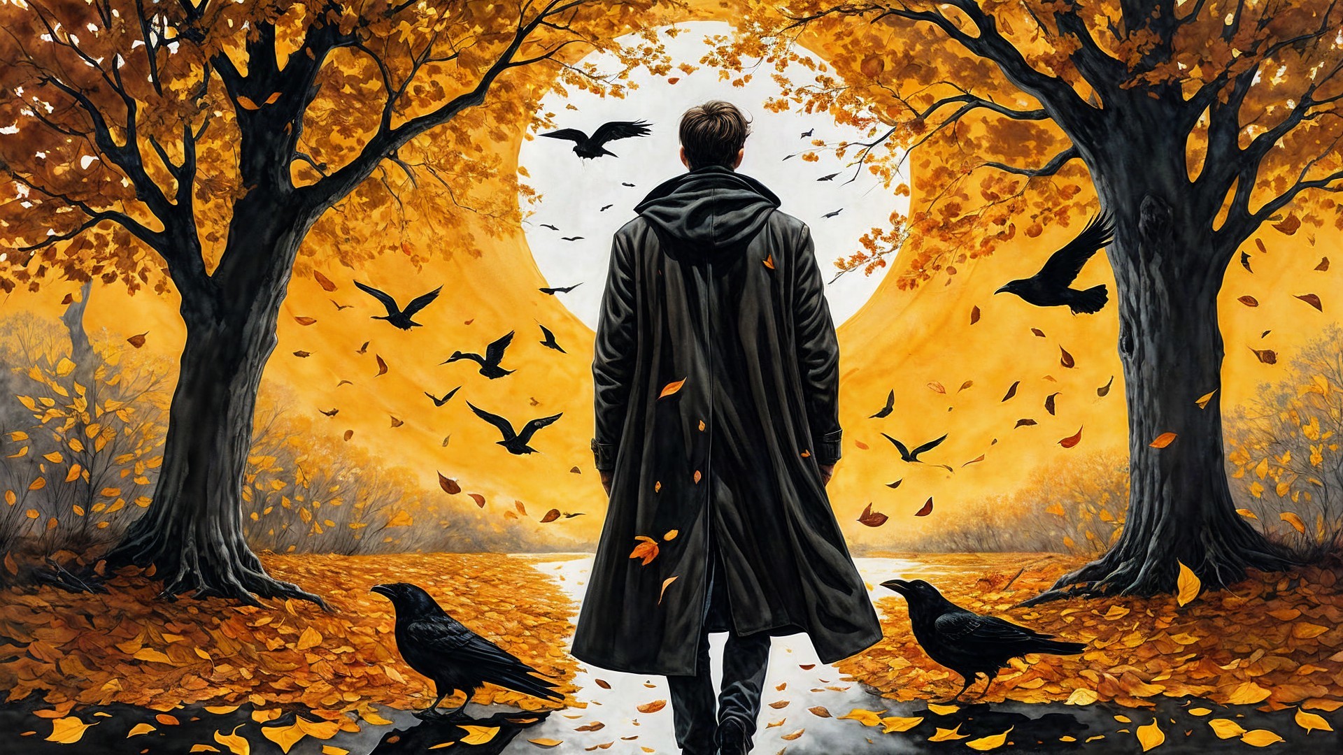 Solitary Figure on Autumn Path with Ravens and Trees