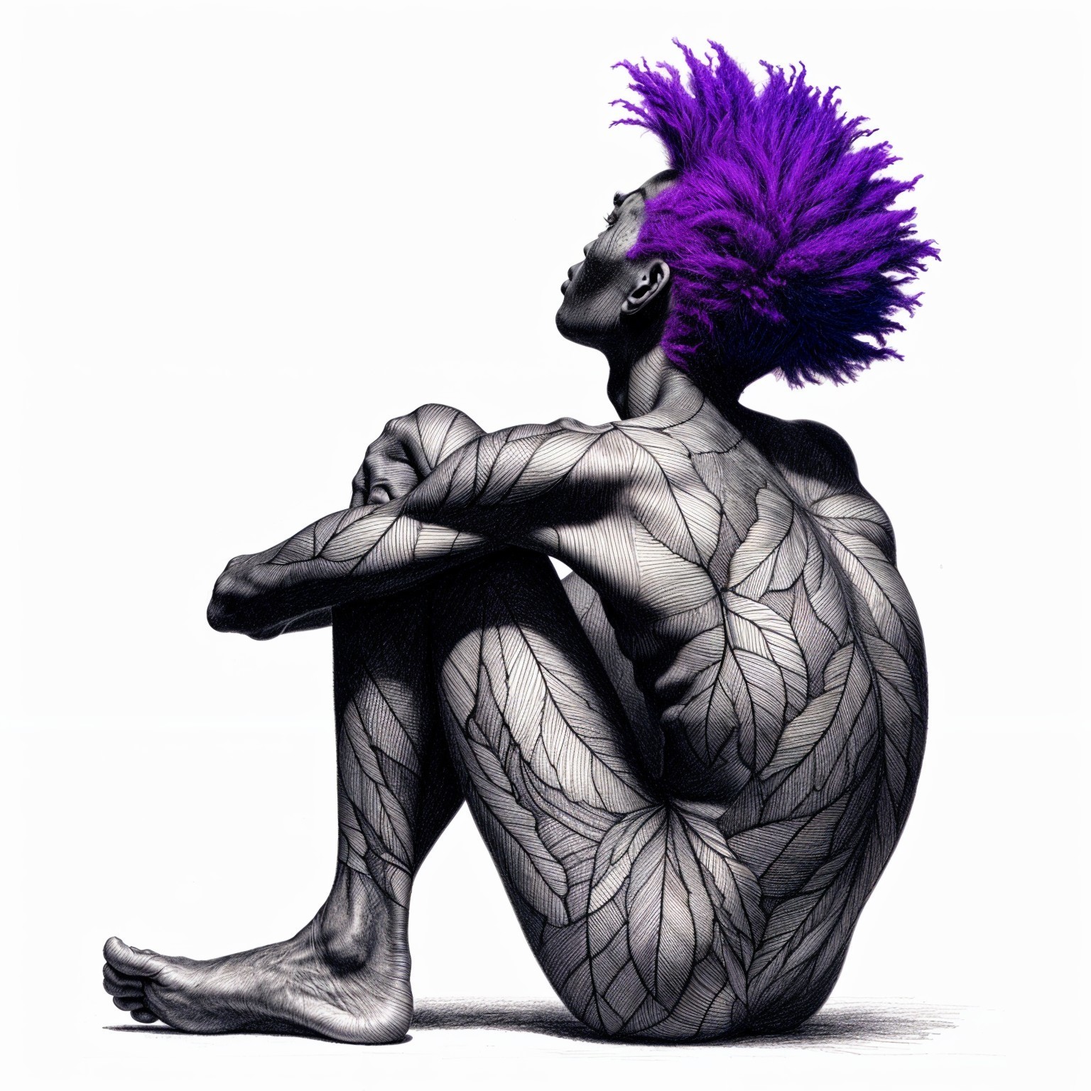 Black and White Illustration of Contemplative Figure