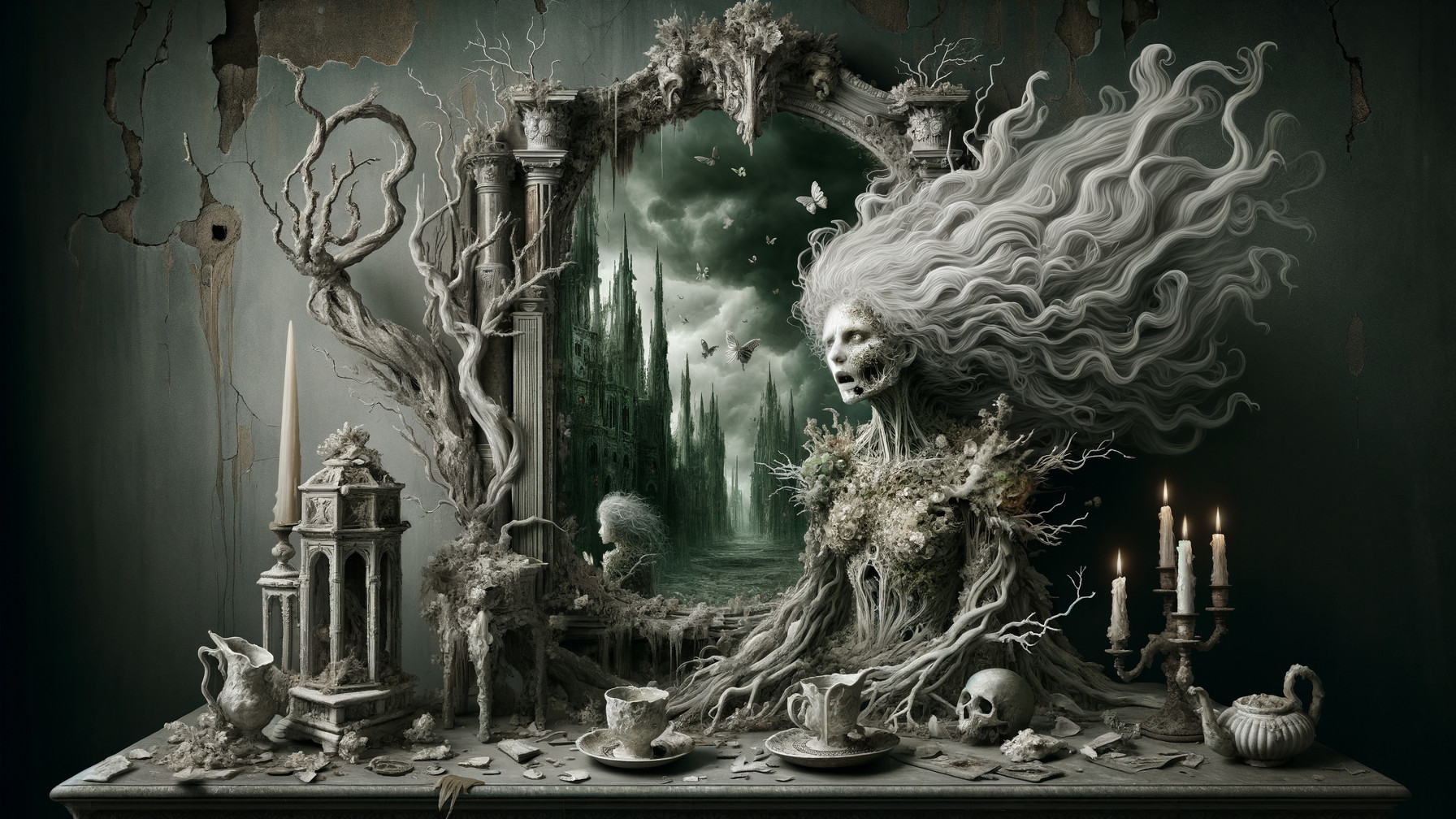 Skeletal Figure in Gothic Mirror with Dark Landscape