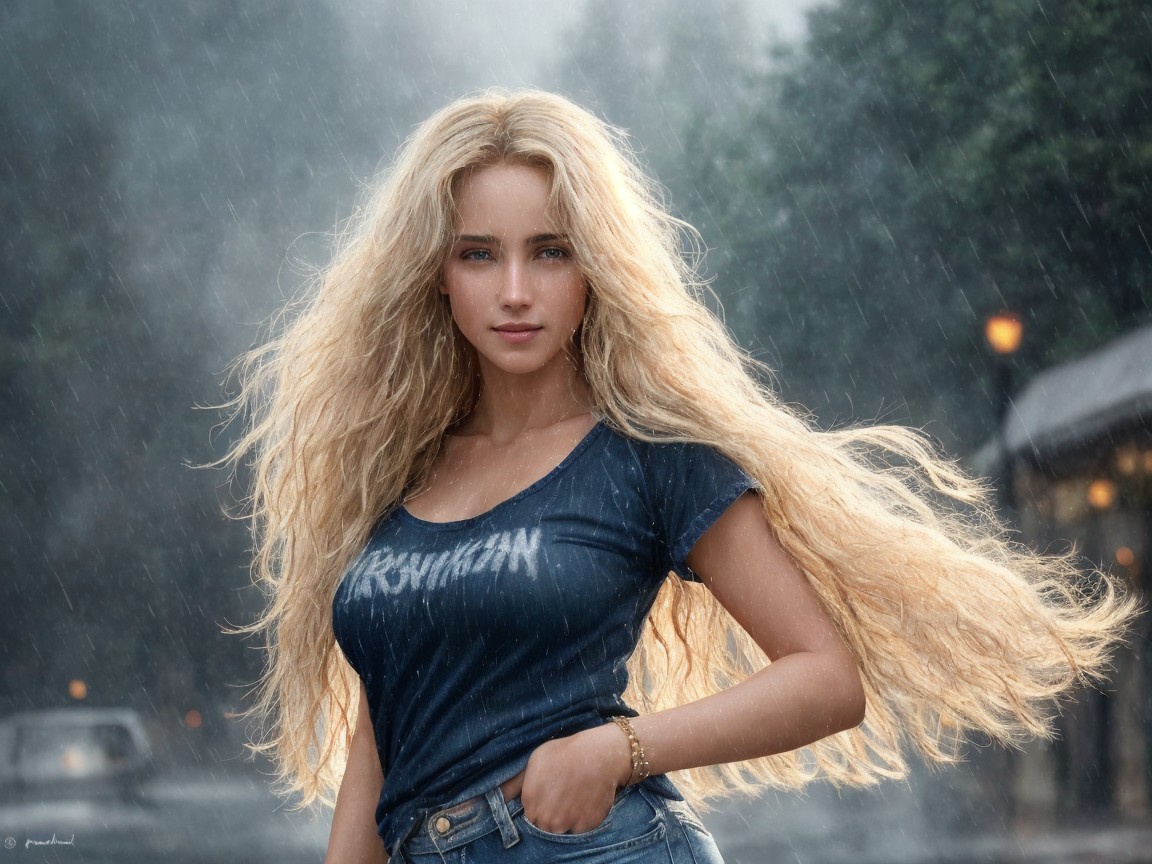 Young woman in rain with blonde hair and casual style
