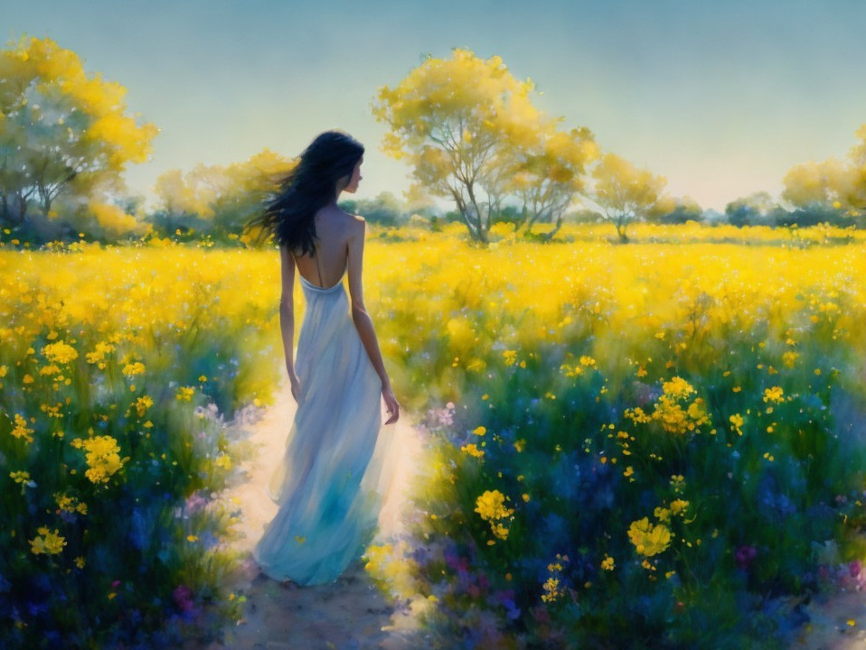 Digital Painting of Woman in Field of Yellow Flowers