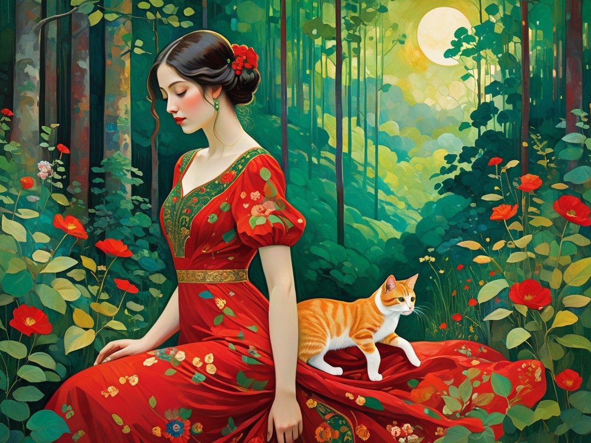 Woman in Floral Dress in Lush Forest with Cat
