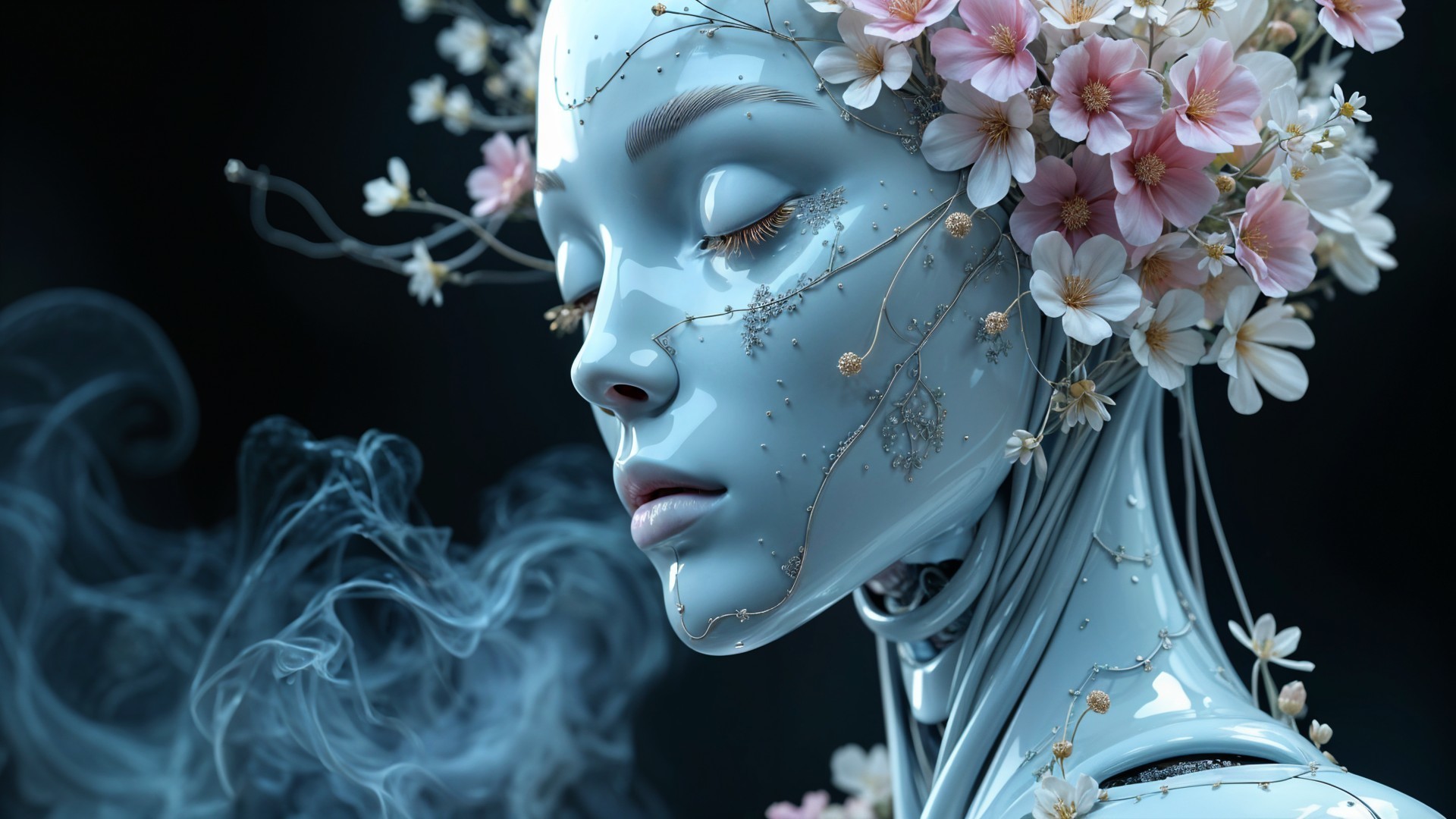 Futuristic humanoid figure with floral and metallic details