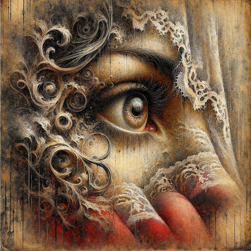 Close-up of a woman's eye with lace and patterns